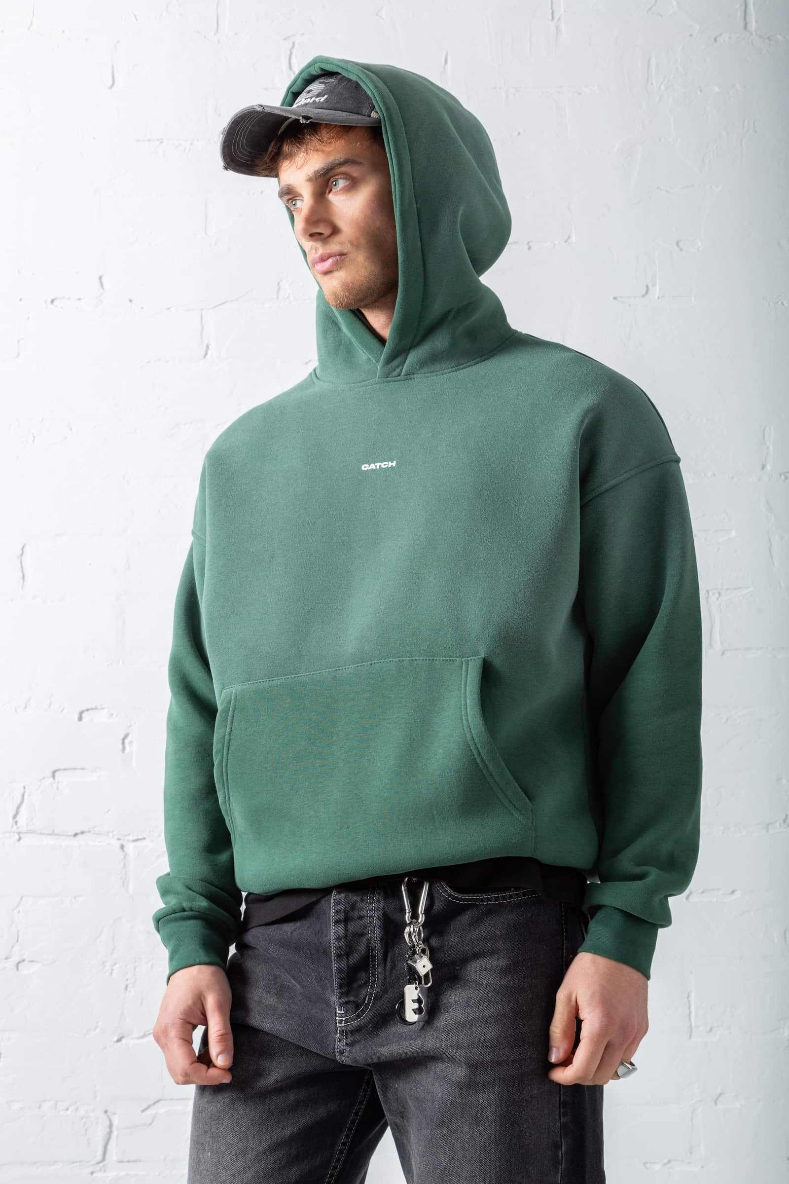 Erkek Oversize Baskılı Kapüşonlu Sweatshirt Yeşil