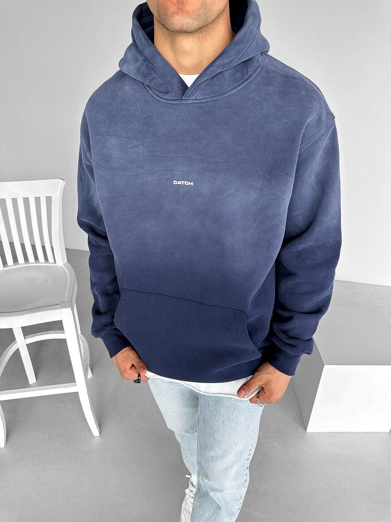 Erkek Oversize Baskılı Kapüşonlu Sweatshirt Lacivert