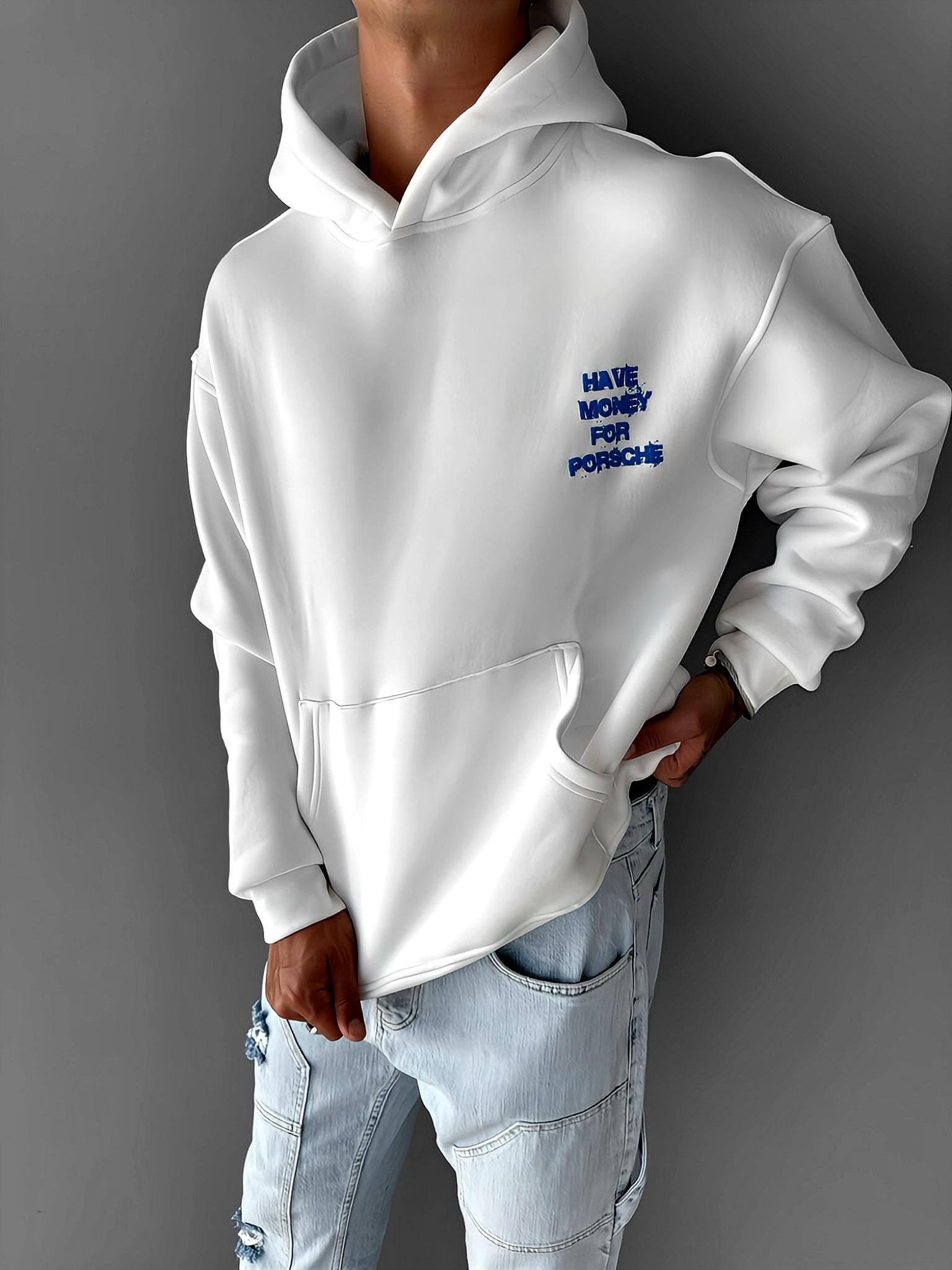 Erkek Oversize Baskılı Kapüşonlu Sweatshirt Beyaz