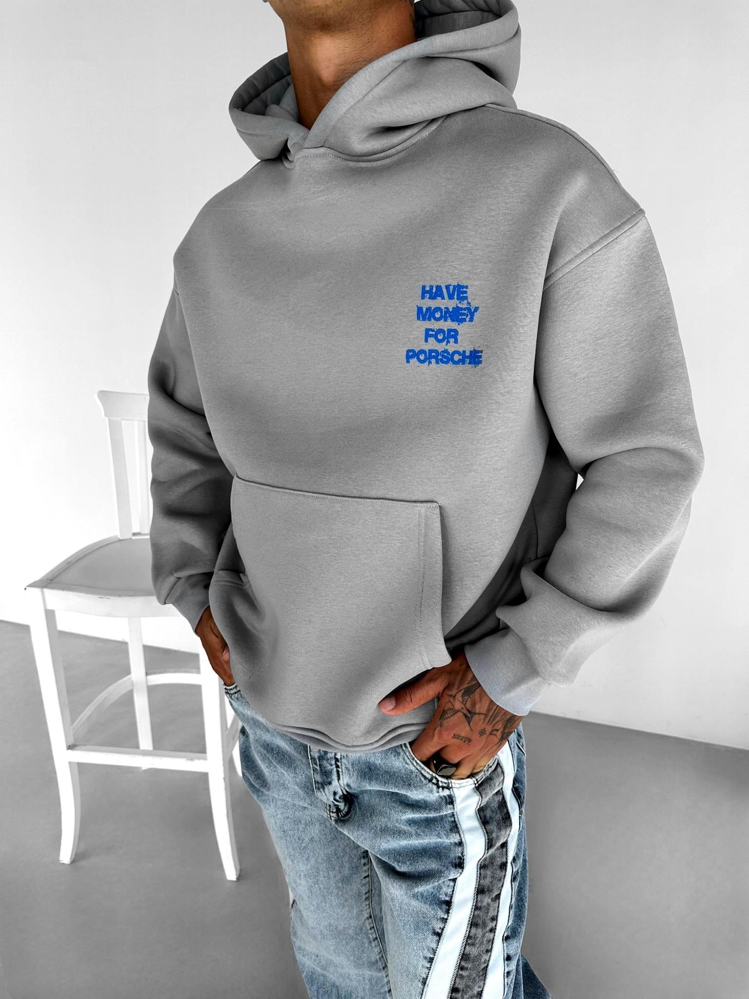 Erkek Oversize Baskılı Kapüşonlu Sweatshirt Gri
