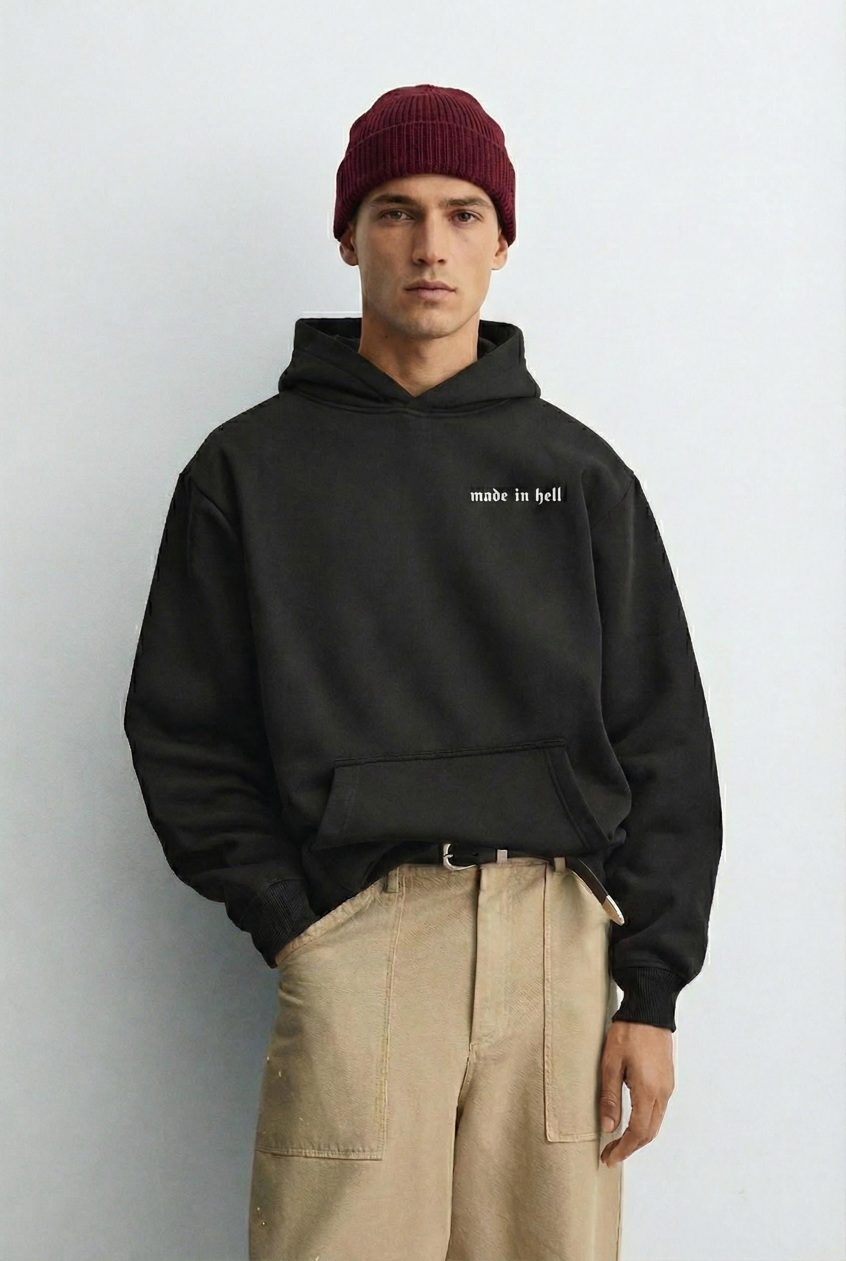 Erkek Oversize Baskılı Premium Kapüşonlu Sweatshirt Siyah