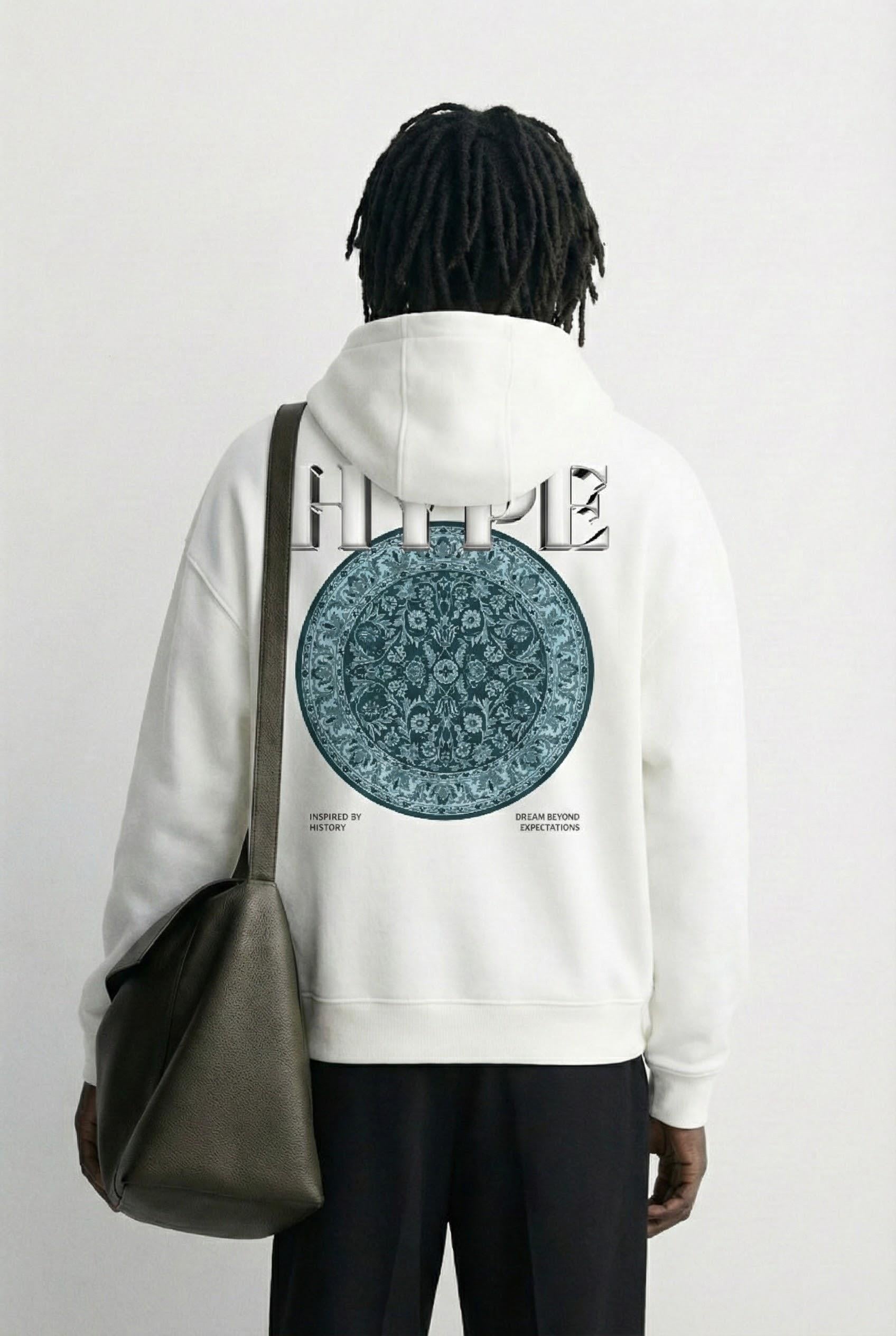 Erkek Oversize Baskılı Premium Kapüşonlu Sweatshirt Ekru