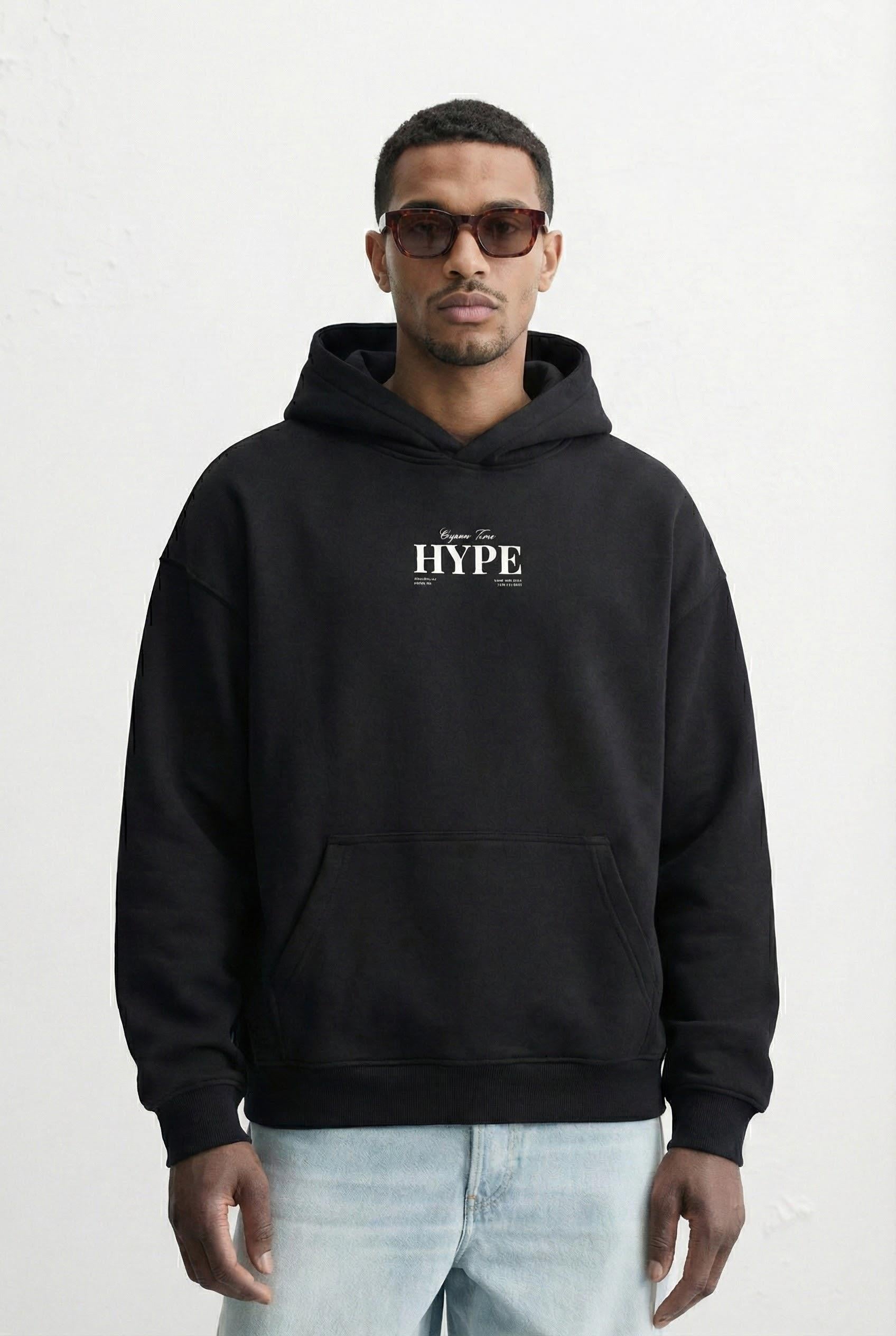 Erkek Oversize Baskılı Premium Kapüşonlu Sweatshirt Siyah