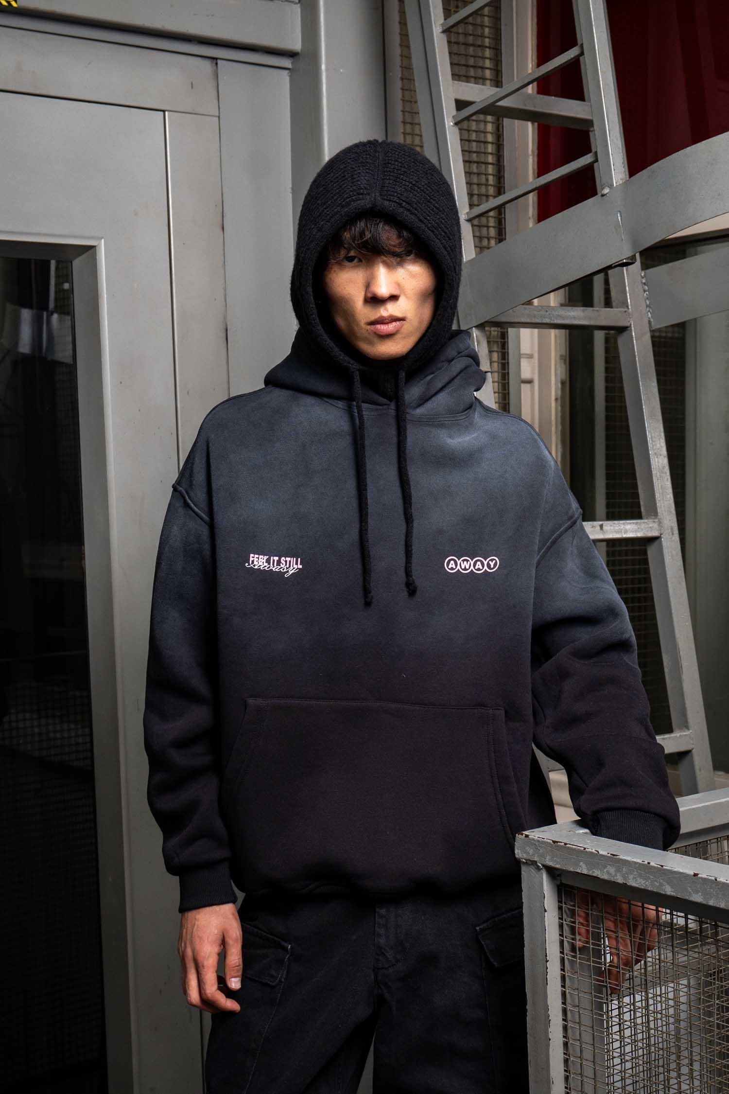 Erkek Oversize Baskılı Yıkamalı Kapüşonlu Hoodie Siyah
