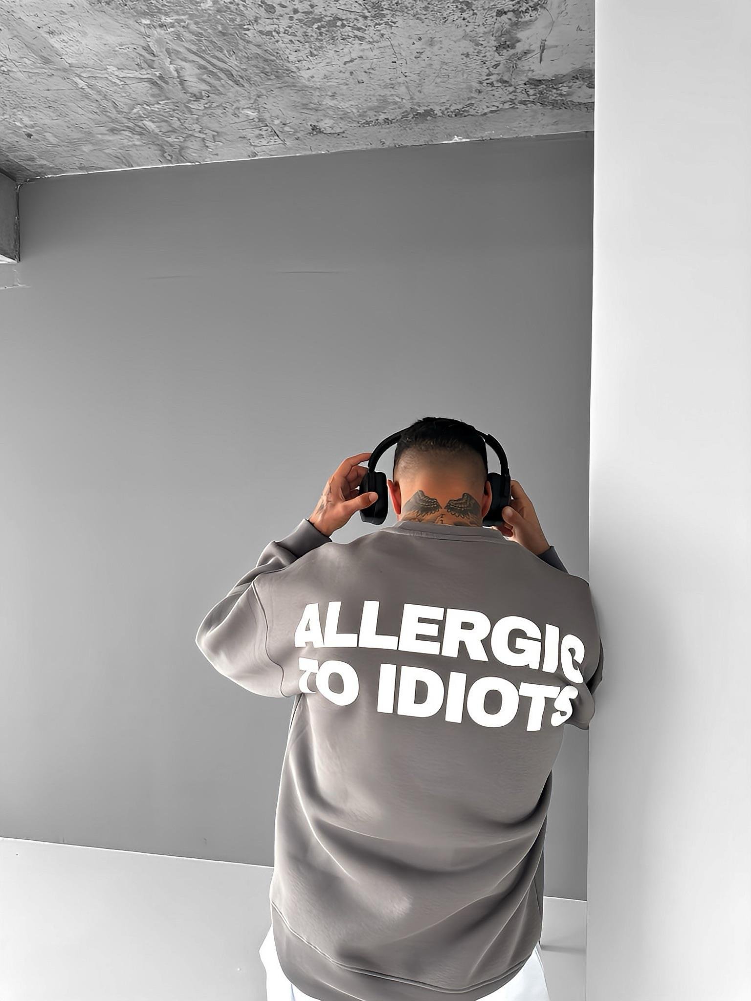 Erkek Oversize Baskılı Yuvarlak Yakalı Uzun Kollu Sweatshirt Füme
