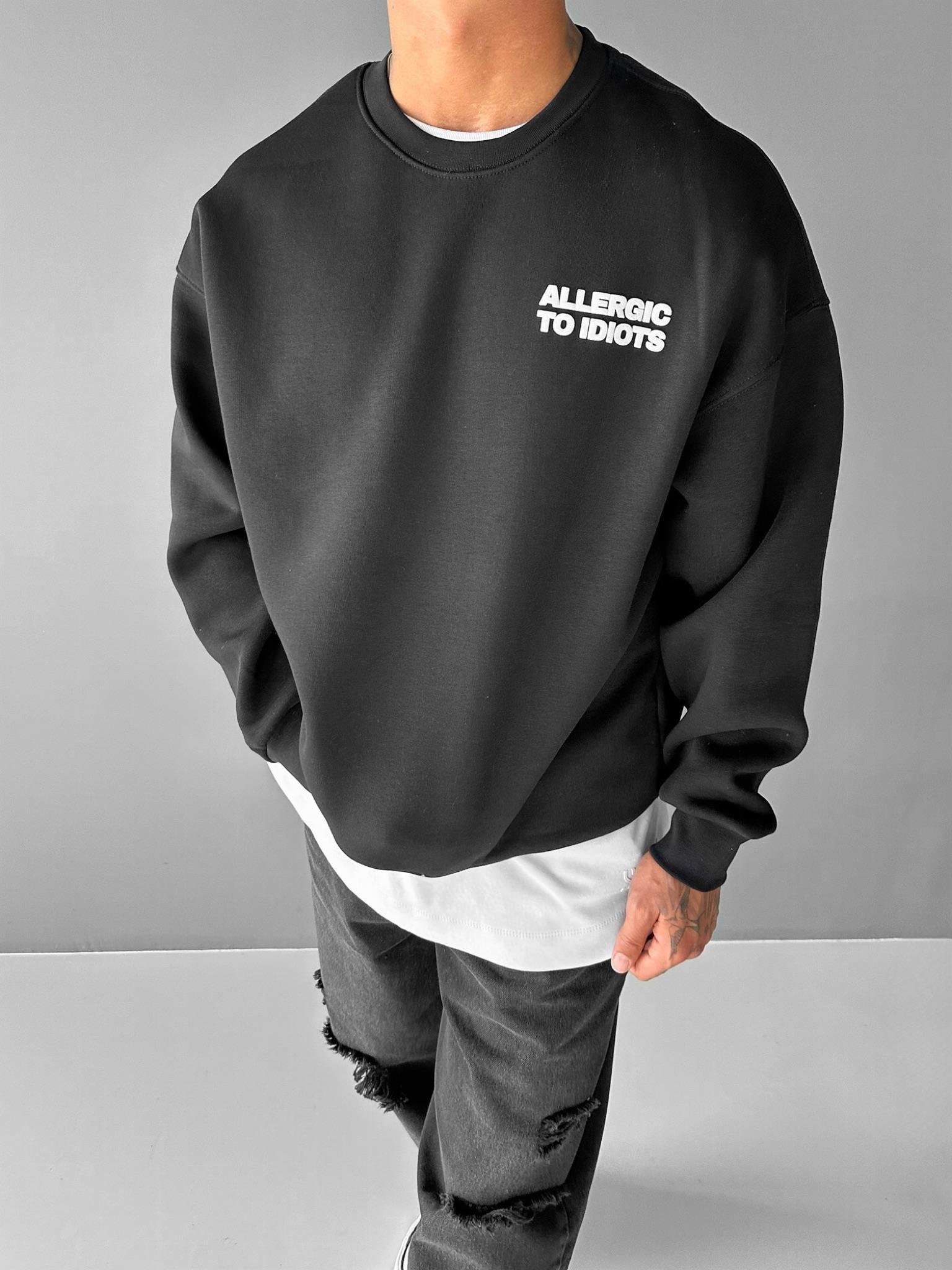 Erkek Oversize Baskılı Yuvarlak Yakalı Uzun Kollu Sweatshirt Siyah