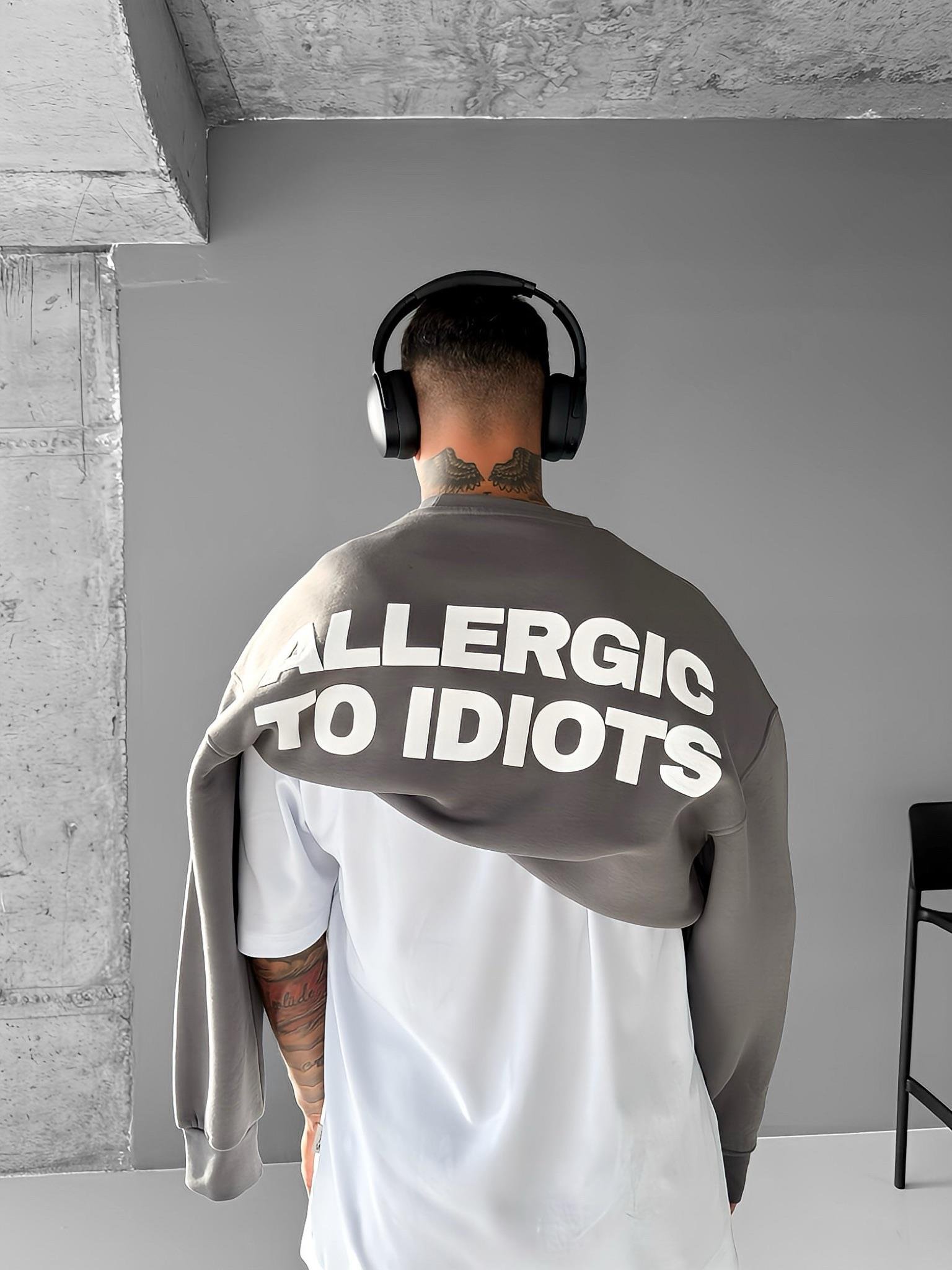 Erkek Oversize Baskılı Yuvarlak Yakalı Uzun Kollu Sweatshirt Füme