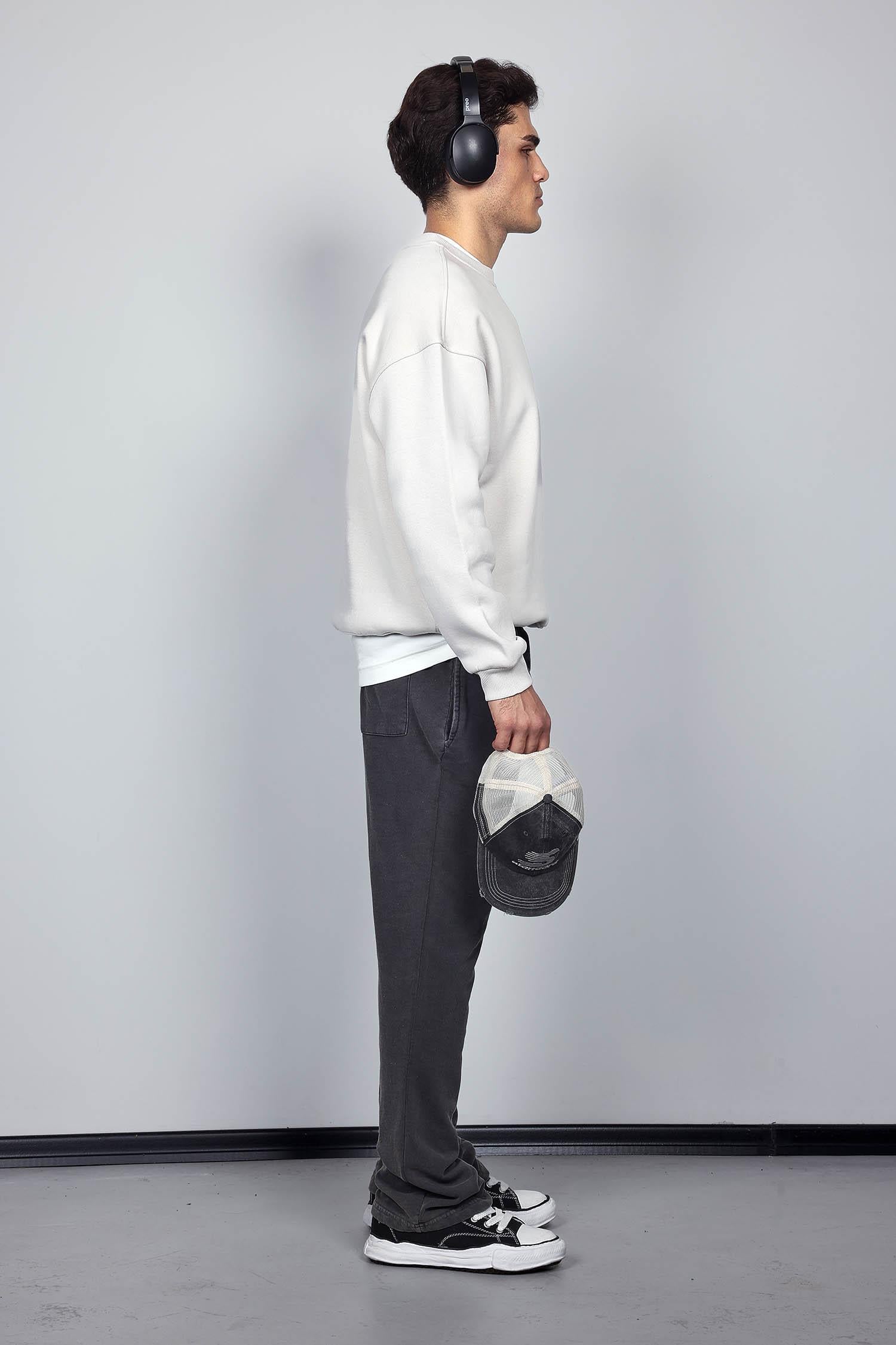 Erkek Oversize Bisiklet Yaka Basic Sweatshirt Gri