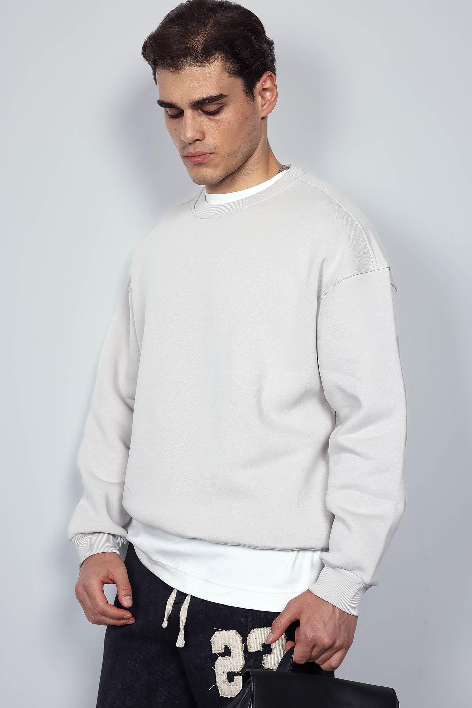 Erkek Oversize Bisiklet Yaka Basic Sweatshirt Gri