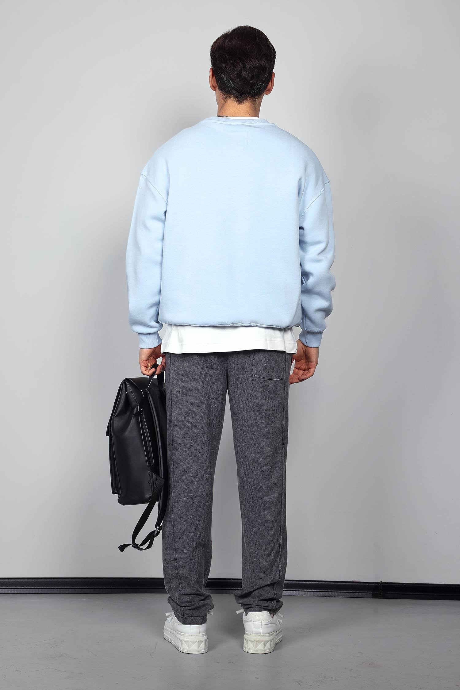 Erkek Oversize Bisiklet Yaka Basic Sweatshirt Açık Mavi