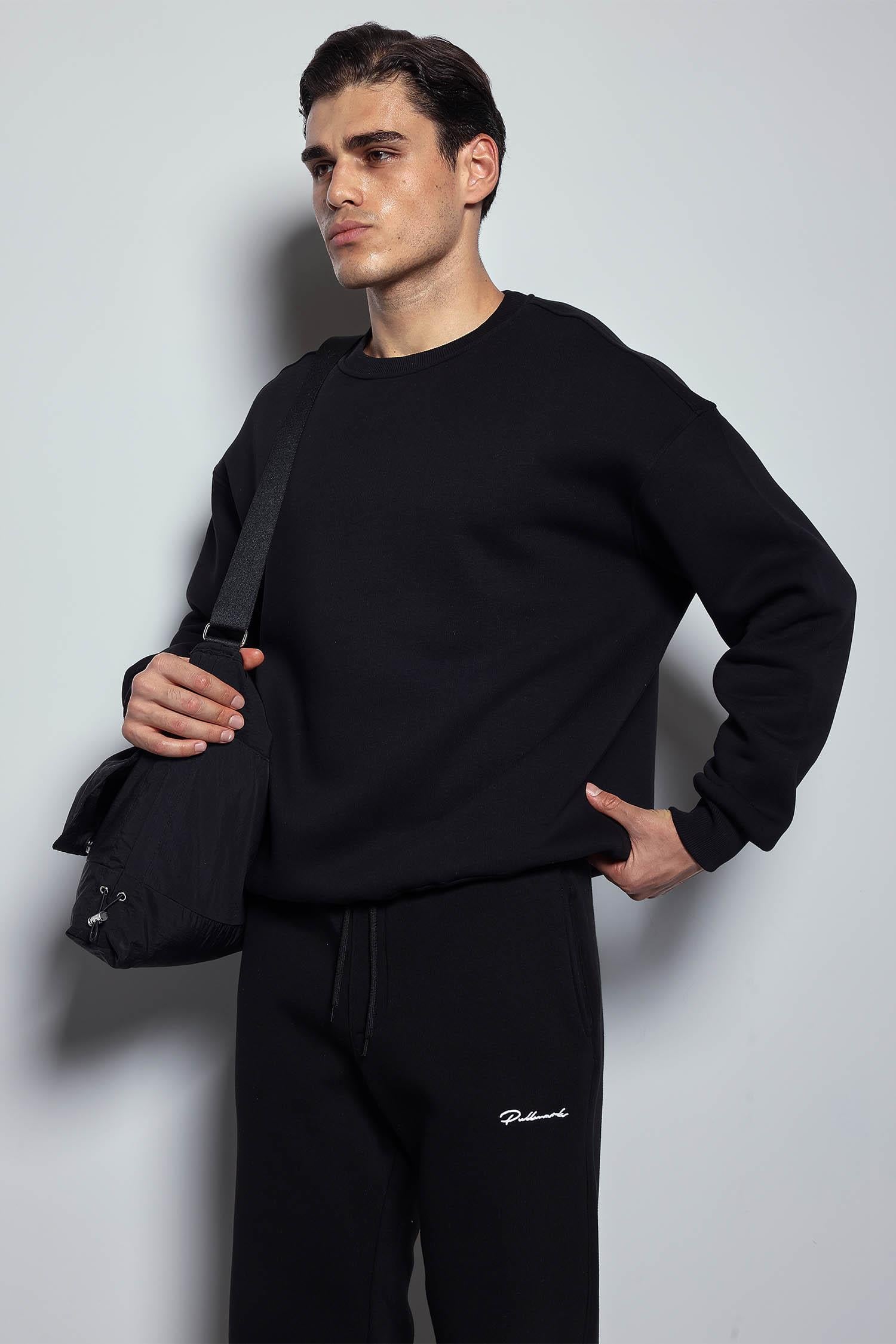 Erkek Oversize Bisiklet Yaka Basic Sweatshirt Siyah