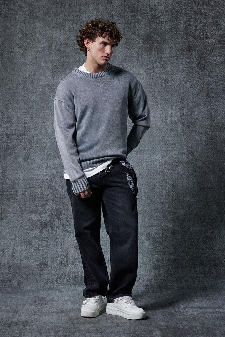 Erkek Oversize Bisiklet Yaka Basic Triko Kazak Gri