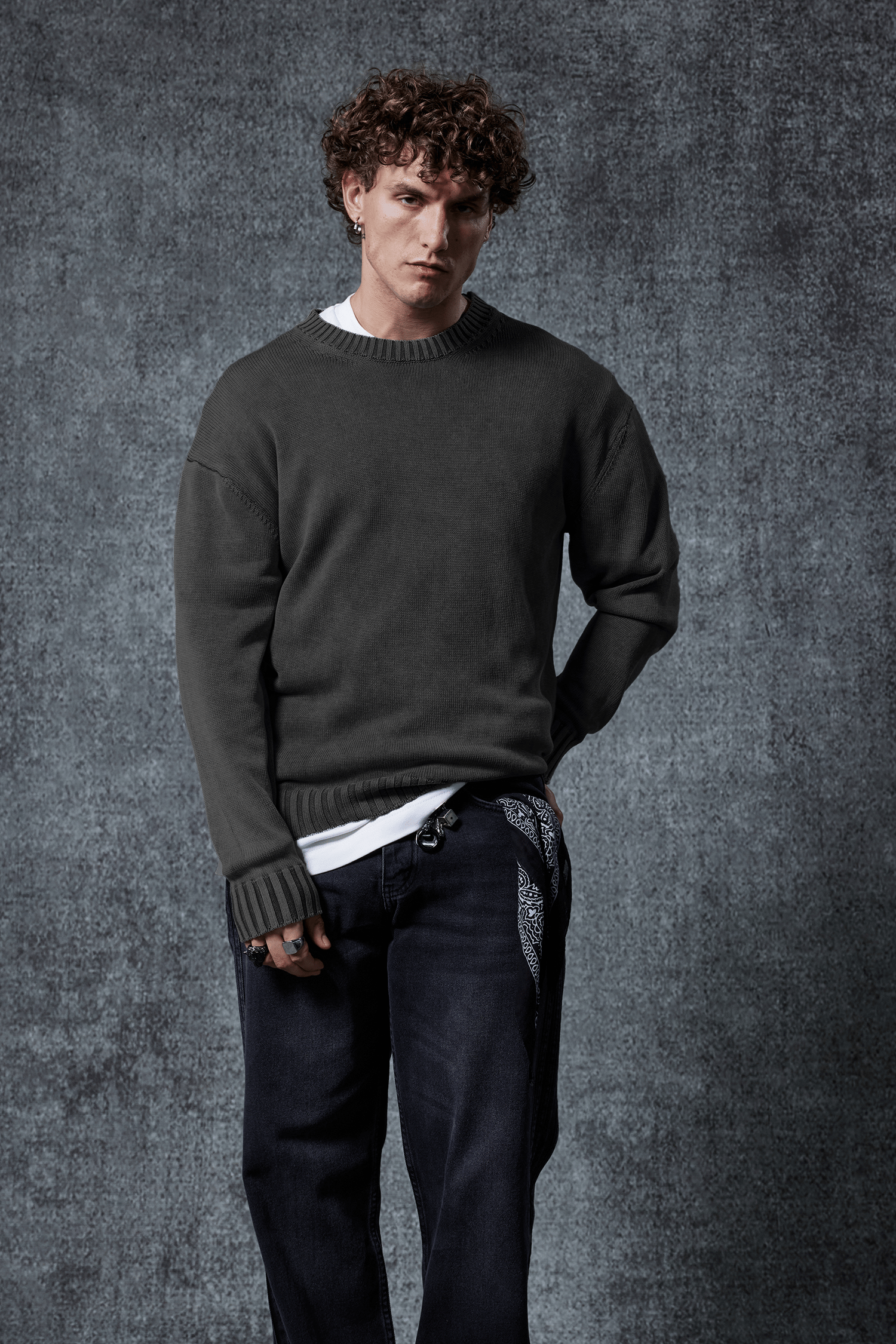 Erkek Oversize Bisiklet Yaka Basic Triko Kazak Siyah