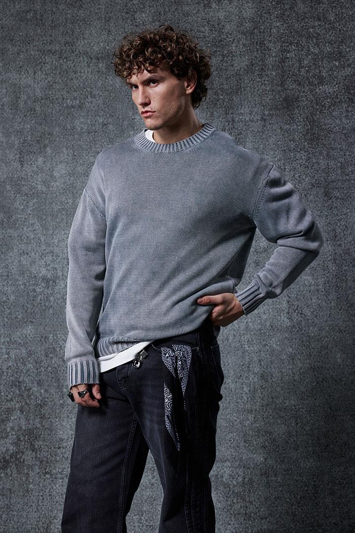 Erkek Oversize Bisiklet Yaka Basic Triko Kazak Gri