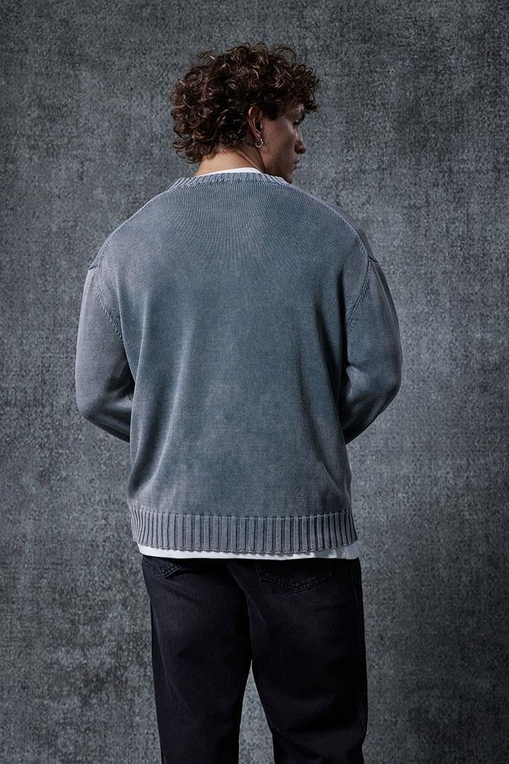 Erkek Oversize Bisiklet Yaka Basic Triko Kazak Gri