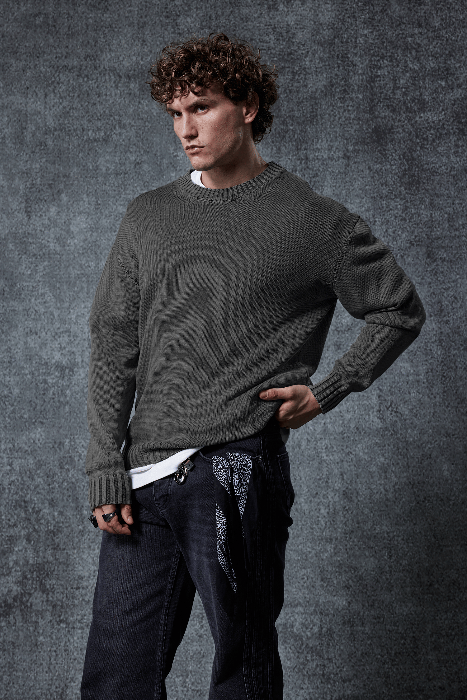 Erkek Oversize Bisiklet Yaka Basic Triko Kazak Siyah
