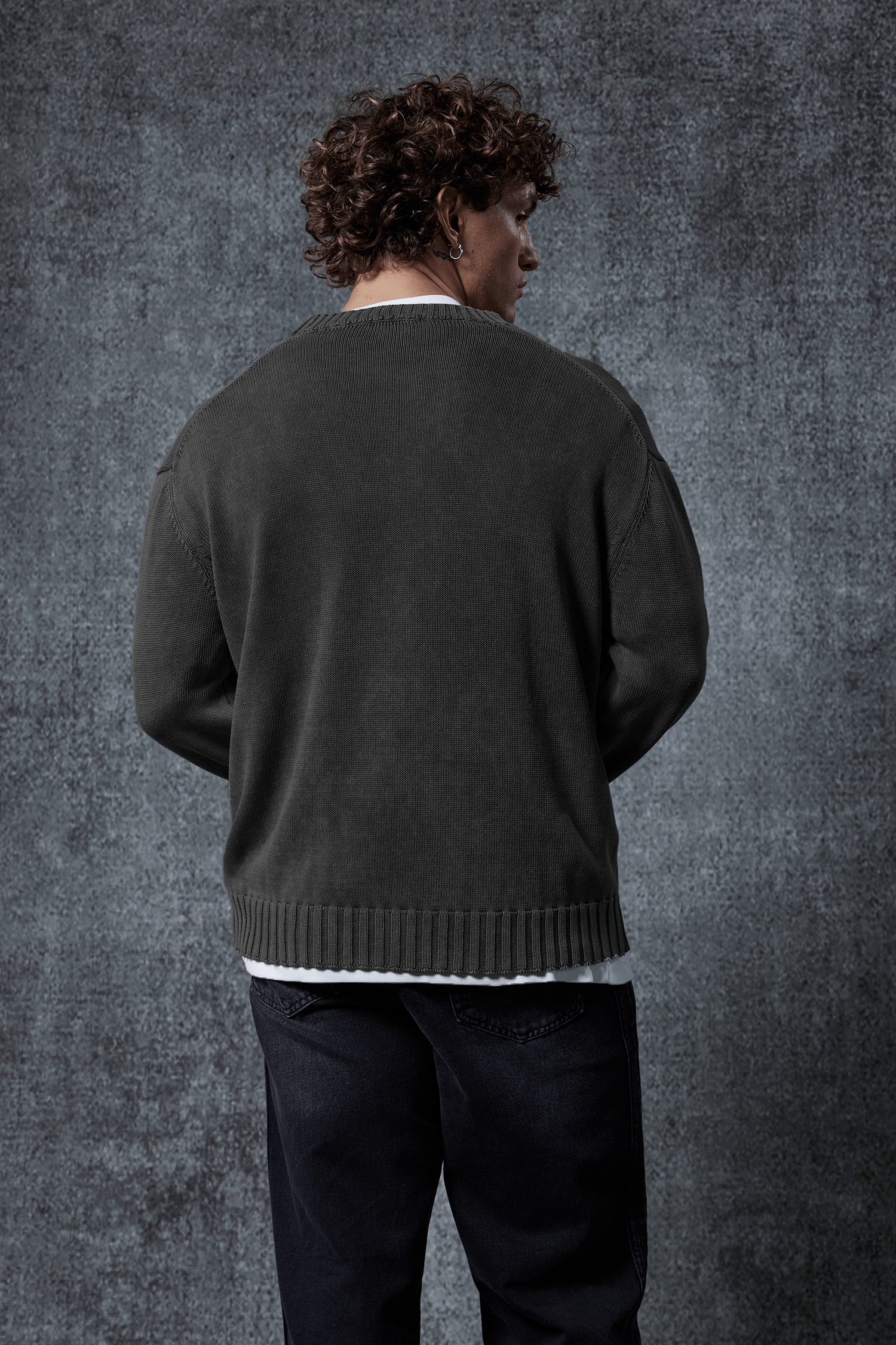 Erkek Oversize Bisiklet Yaka Basic Triko Kazak Siyah