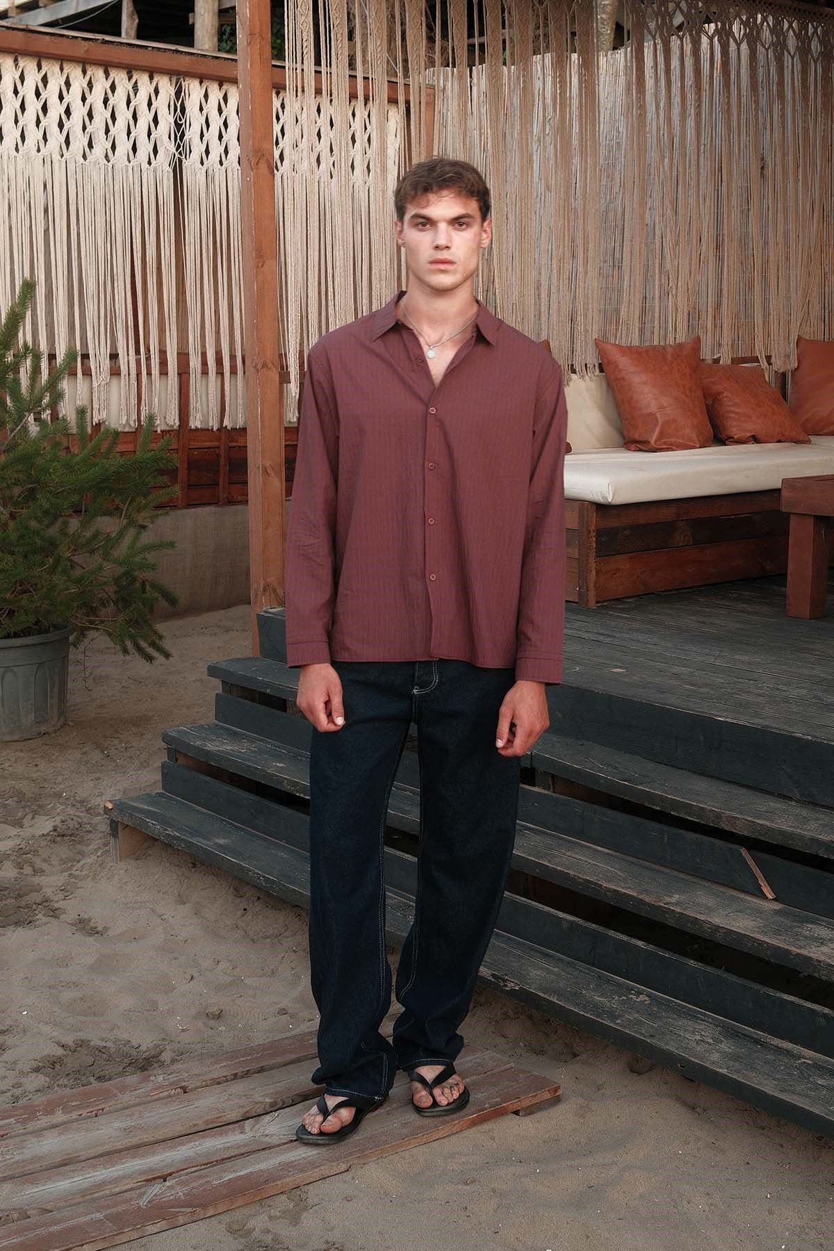 Erkek Oversize Çizgili Boxy Fit Uzun Kollu Gömlek Bordo