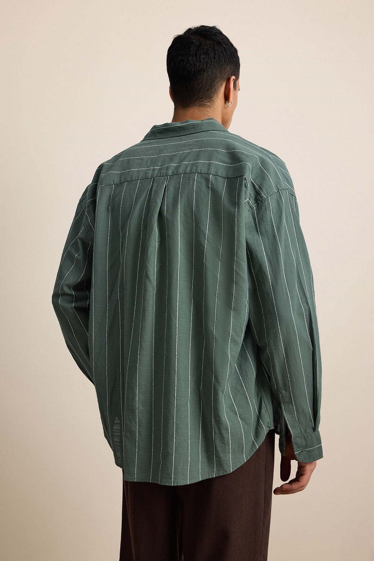 Erkek Oversize Çizgili Keten Uzun Kollu Gömlek Haki