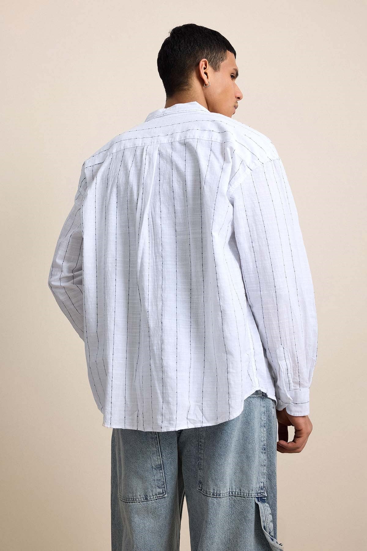 Erkek Oversize Çizgili Keten Uzun Kollu Gömlek Beyaz