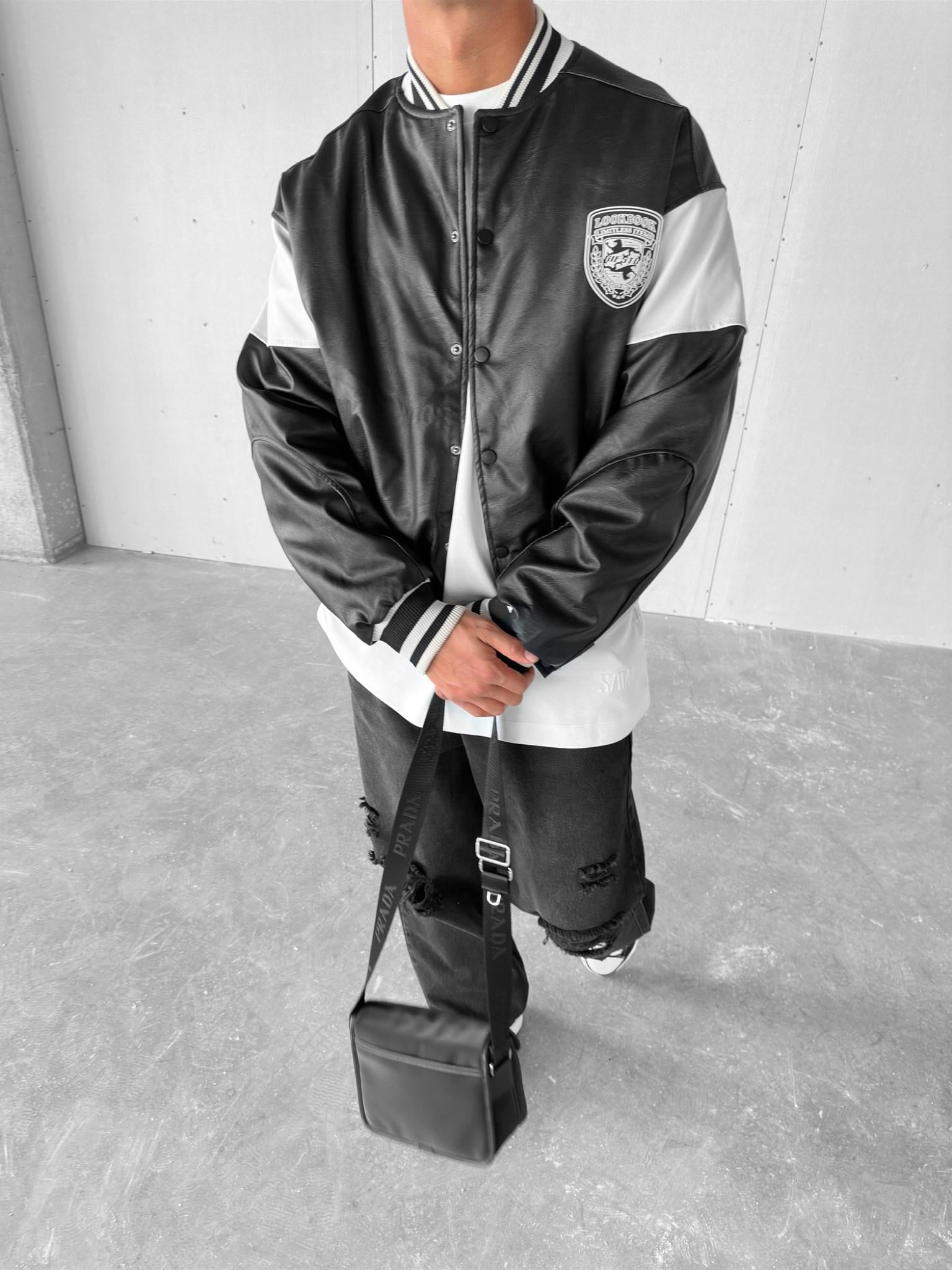 Erkek Oversize Deri Kolej Retro Ceket Mont Siyah