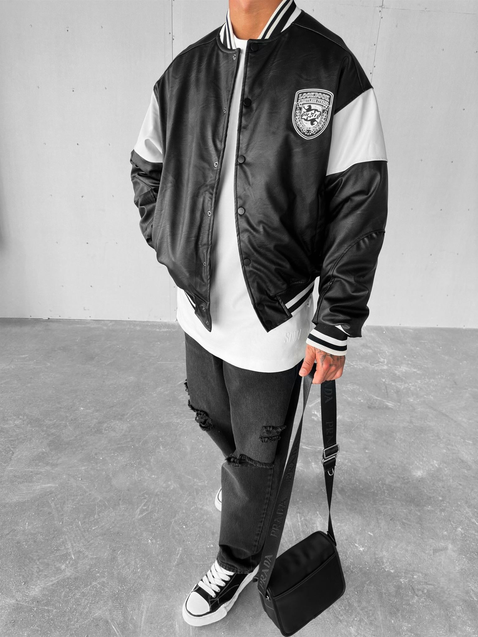 Erkek Oversize Deri Kolej Retro Ceket Mont Siyah