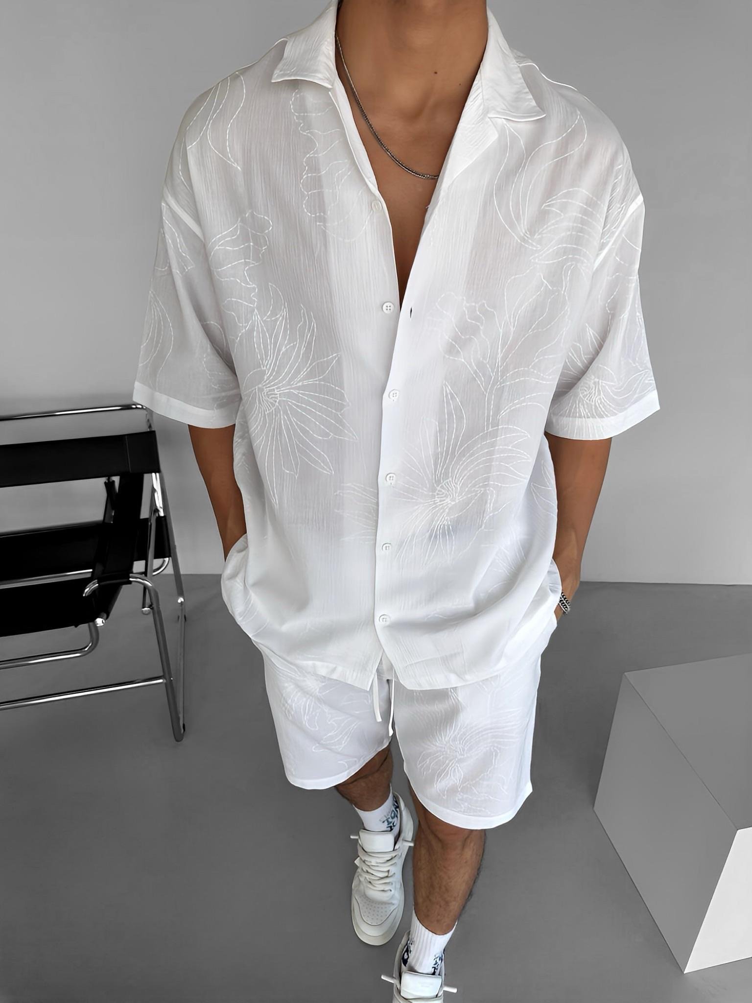 Erkek Oversize Desen Baskılı Gömlek Beyaz