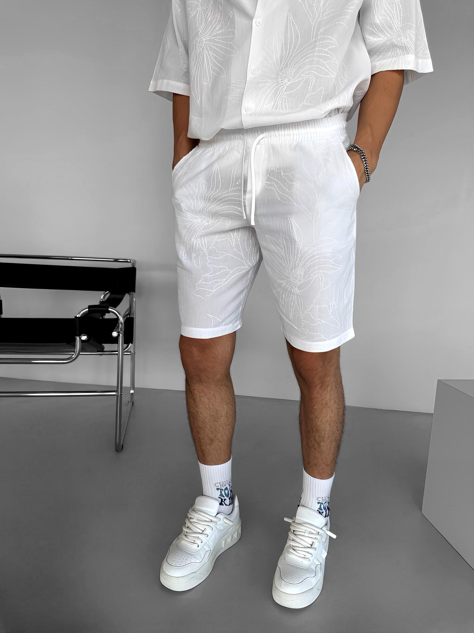 Erkek Oversize Desen Baskılı Gömlek Beyaz