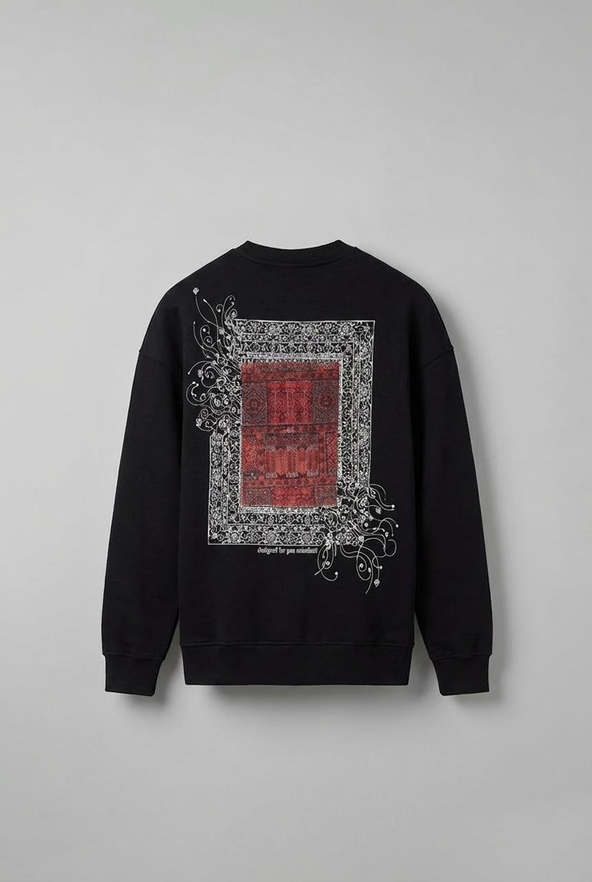 Erkek Oversize Desen Yamalı Sweatshirt Siyah