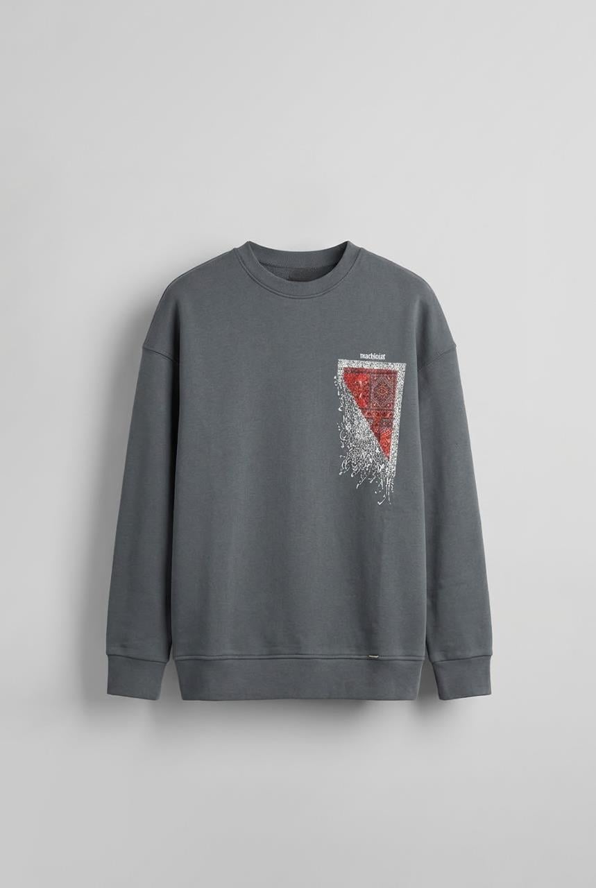 Erkek Oversize Desen Yamalı Sweatshirt Antrasit