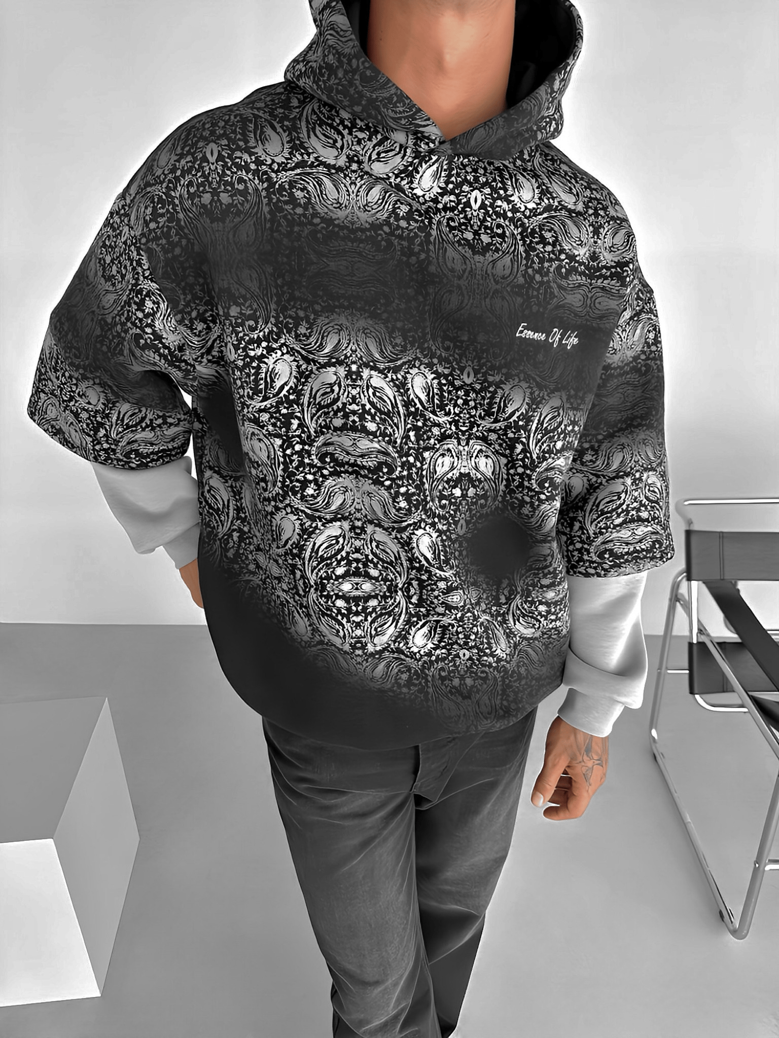 Erkek Oversize Desenli Kapüşonlu Sweatshirt Siyah