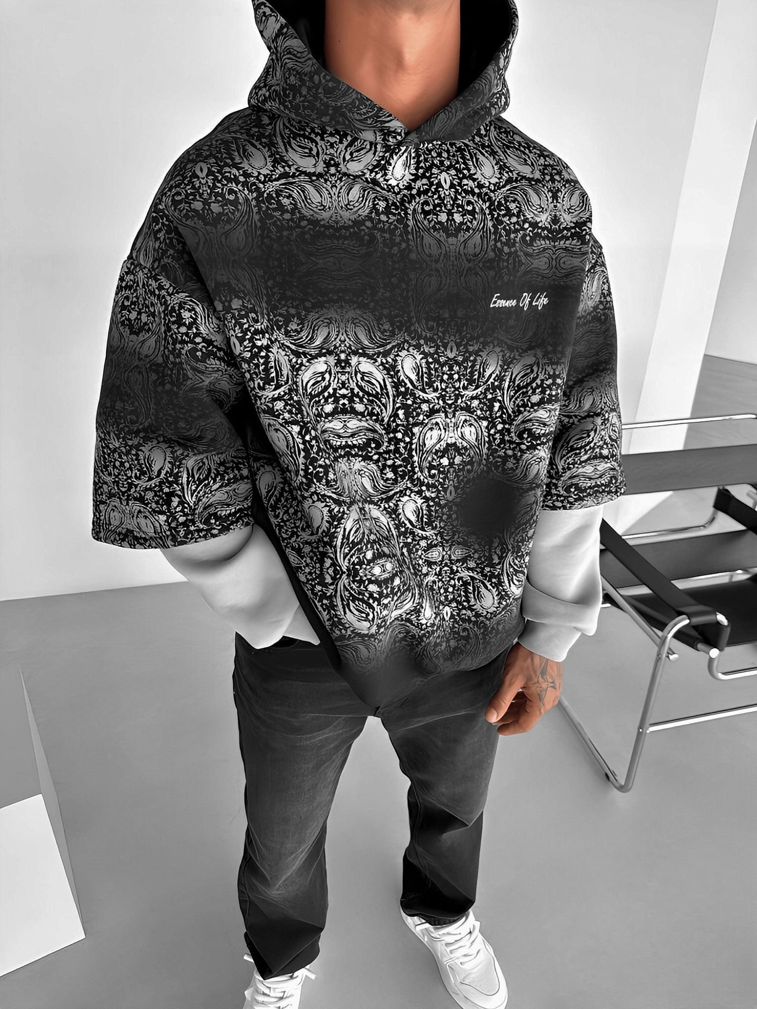 Erkek Oversize Desenli Kapüşonlu Sweatshirt Siyah