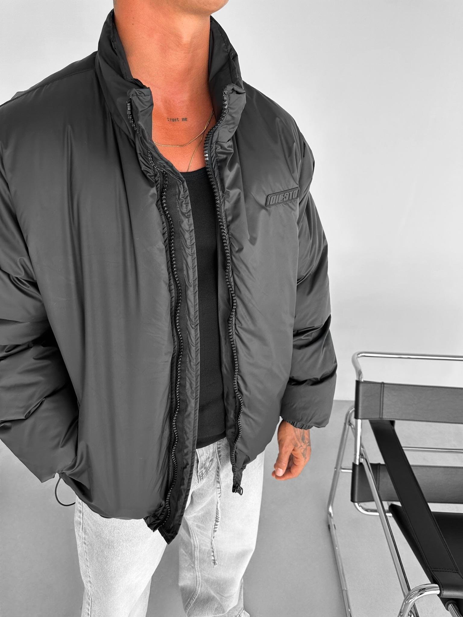 Erkek Oversize Dik Yakalı Fermuarlı Cepli Mont Siyah