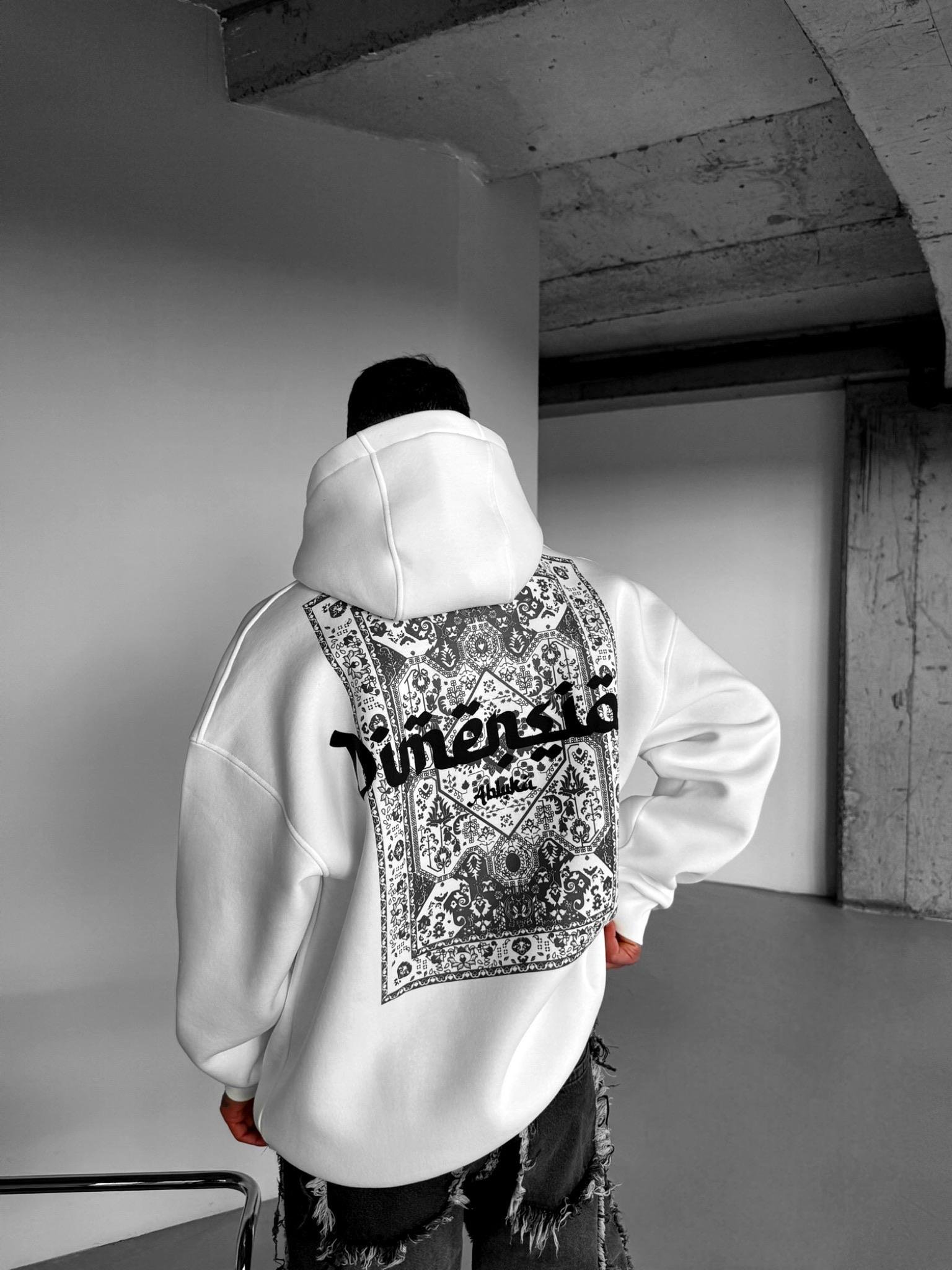 Erkek Oversize Dimension Baskılı Premium Kapüşonlu Sweatshirt Ekru Siyah