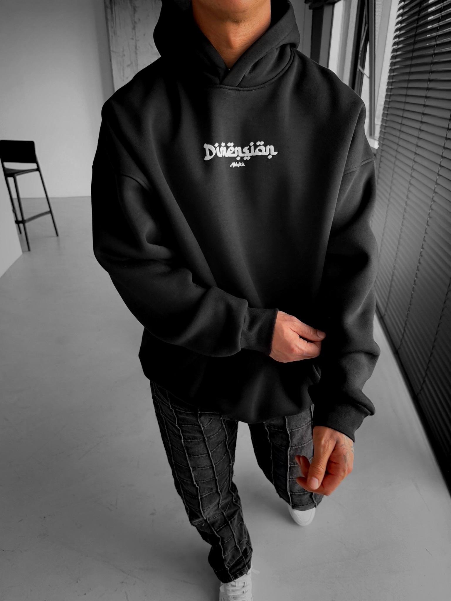 Erkek Oversize Dimension Baskılı Premium Kapüşonlu Sweatshirt Siyah Kırmızı