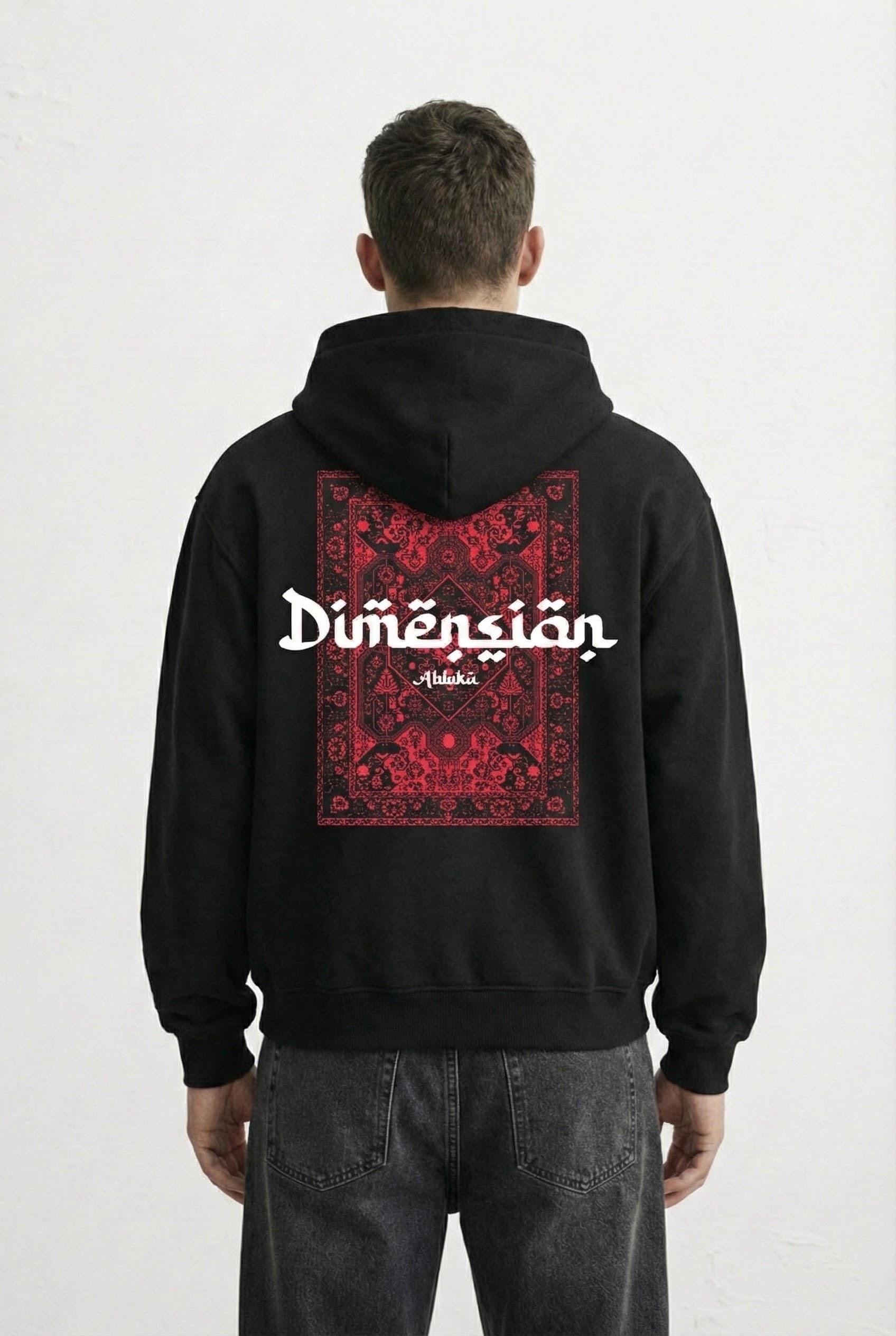 Erkek Oversize Dimension Baskılı Premium Kapüşonlu Sweatshirt Siyah Kırmızı