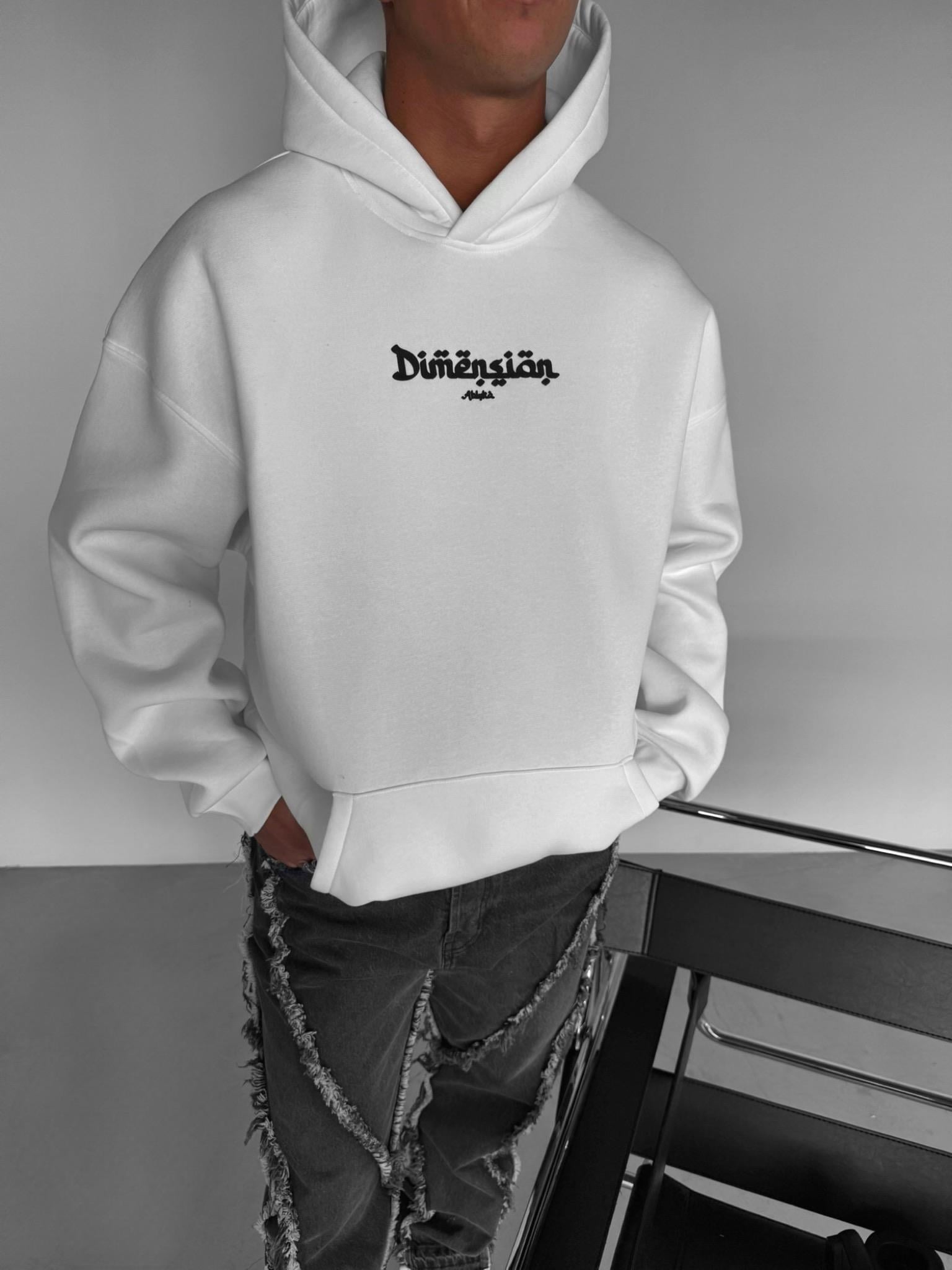 Erkek Oversize Dimension Baskılı Premium Kapüşonlu Sweatshirt Ekru Siyah