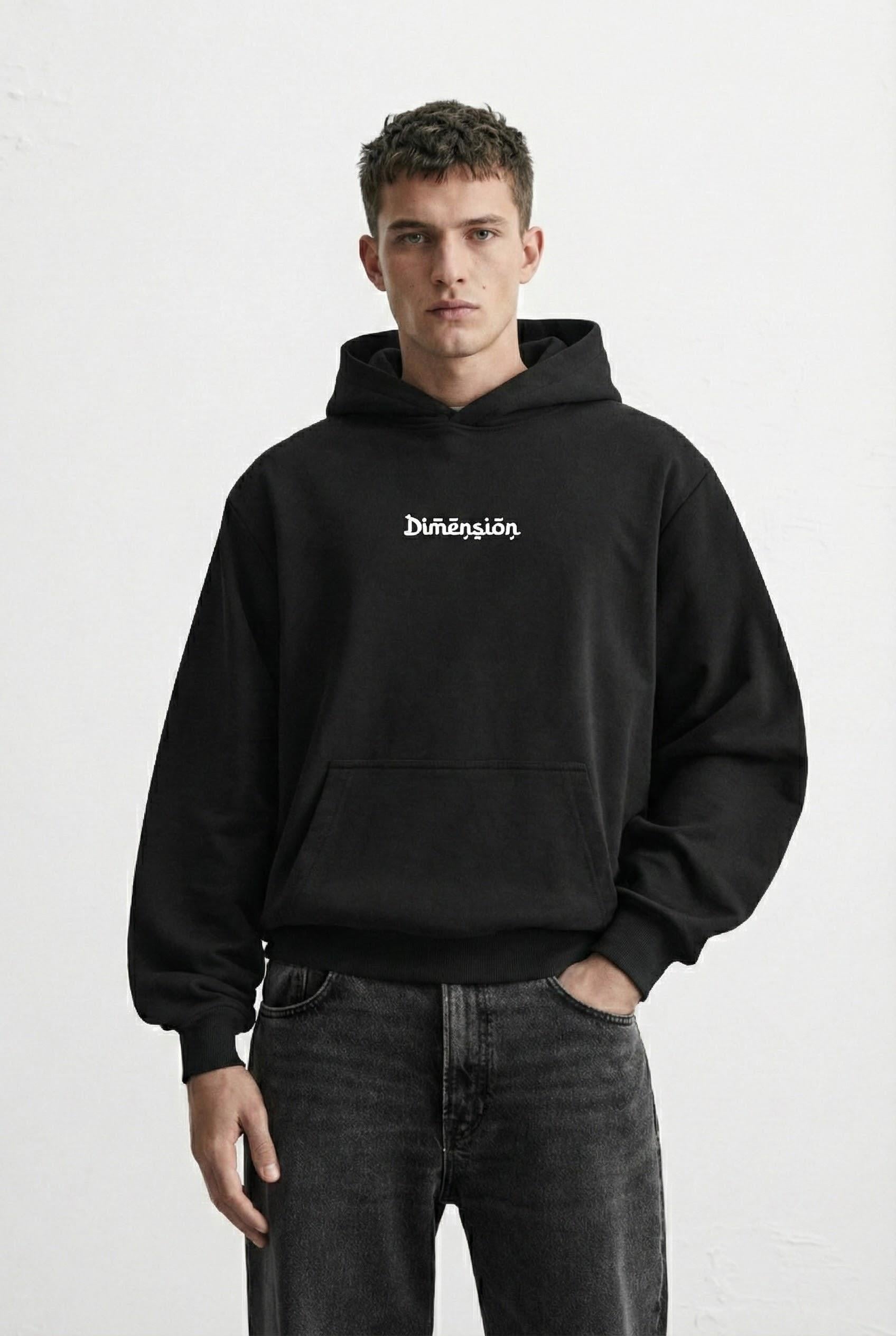 Erkek Oversize Dimension Baskılı Premium Kapüşonlu Sweatshirt Siyah Kırmızı