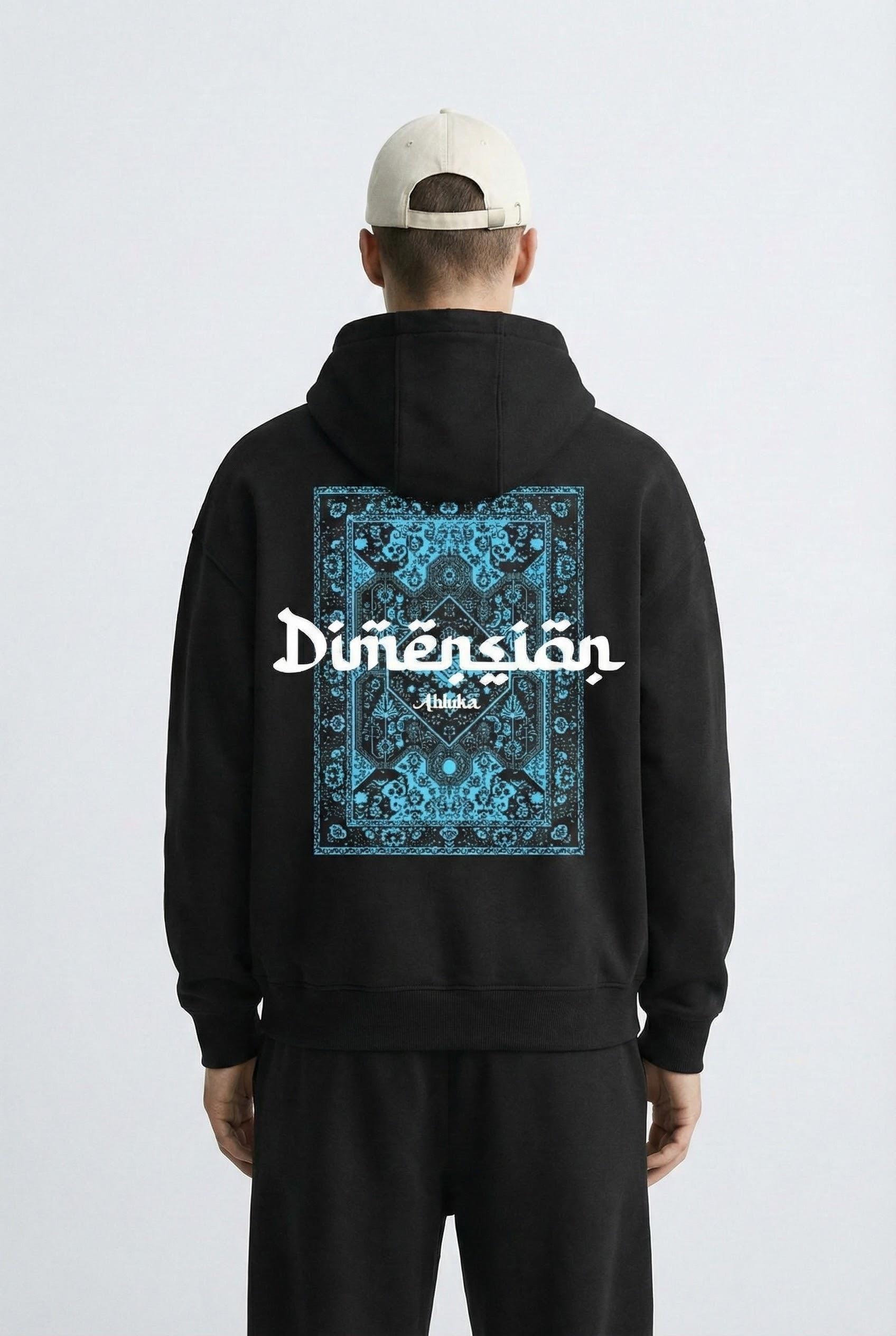 Erkek Oversize Dimension Baskılı Premium Kapüşonlu Sweatshirt Siyah Saks Mavi
