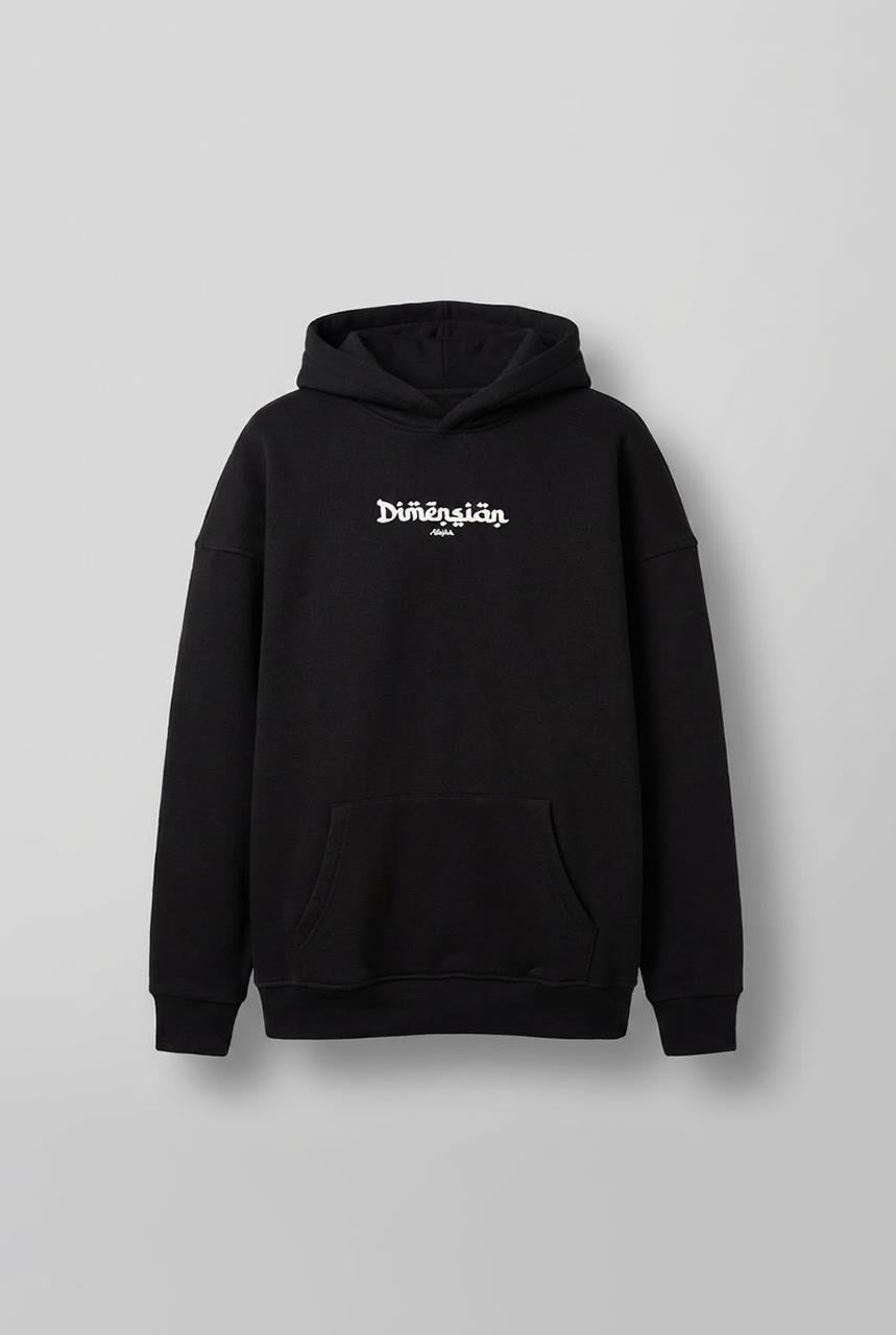 Erkek Oversize Dimension Baskılı Premium Kapüşonlu Sweatshirt Siyah Saks Mavi
