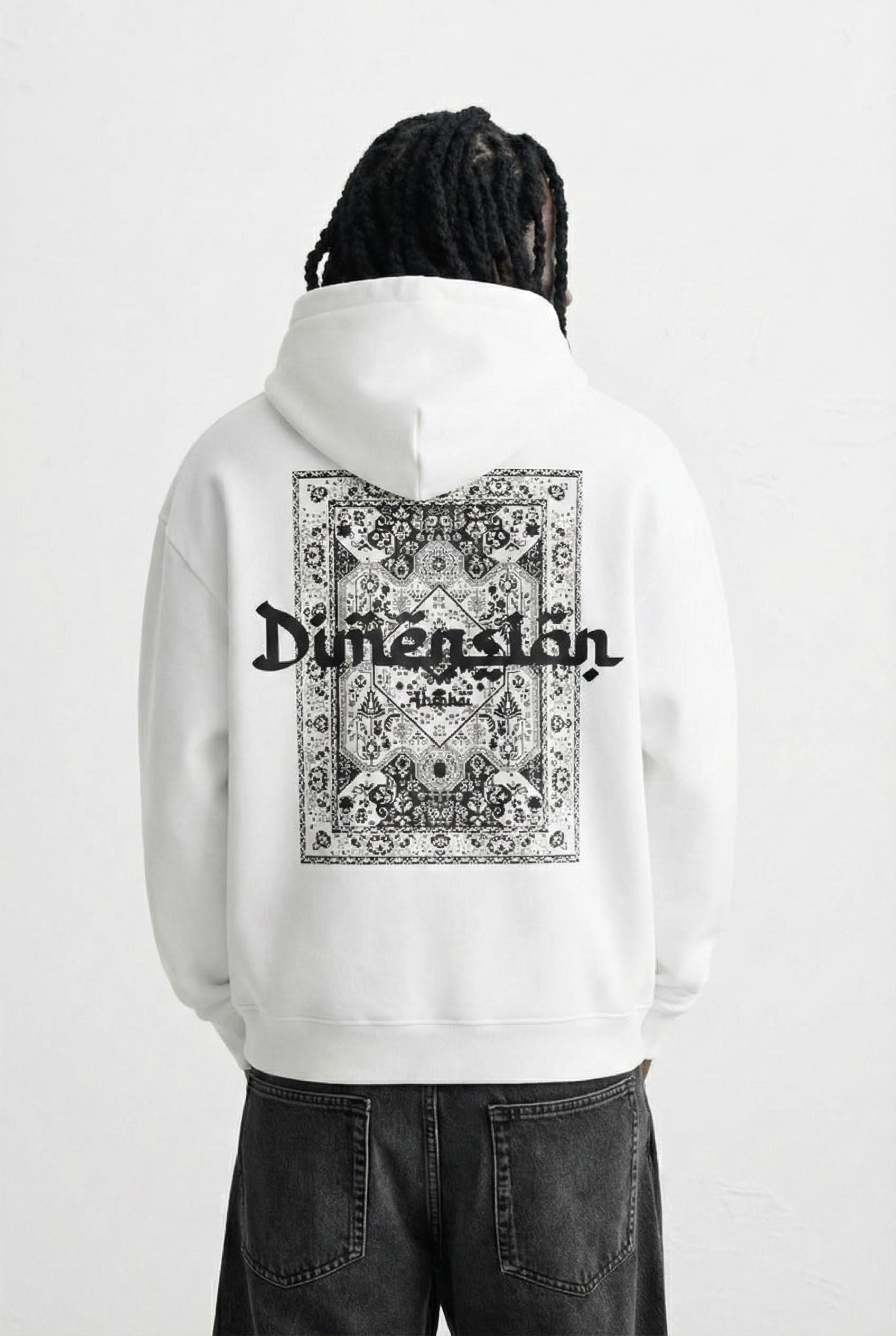 Erkek Oversize Dimension Baskılı Premium Kapüşonlu Sweatshirt Ekru Siyah
