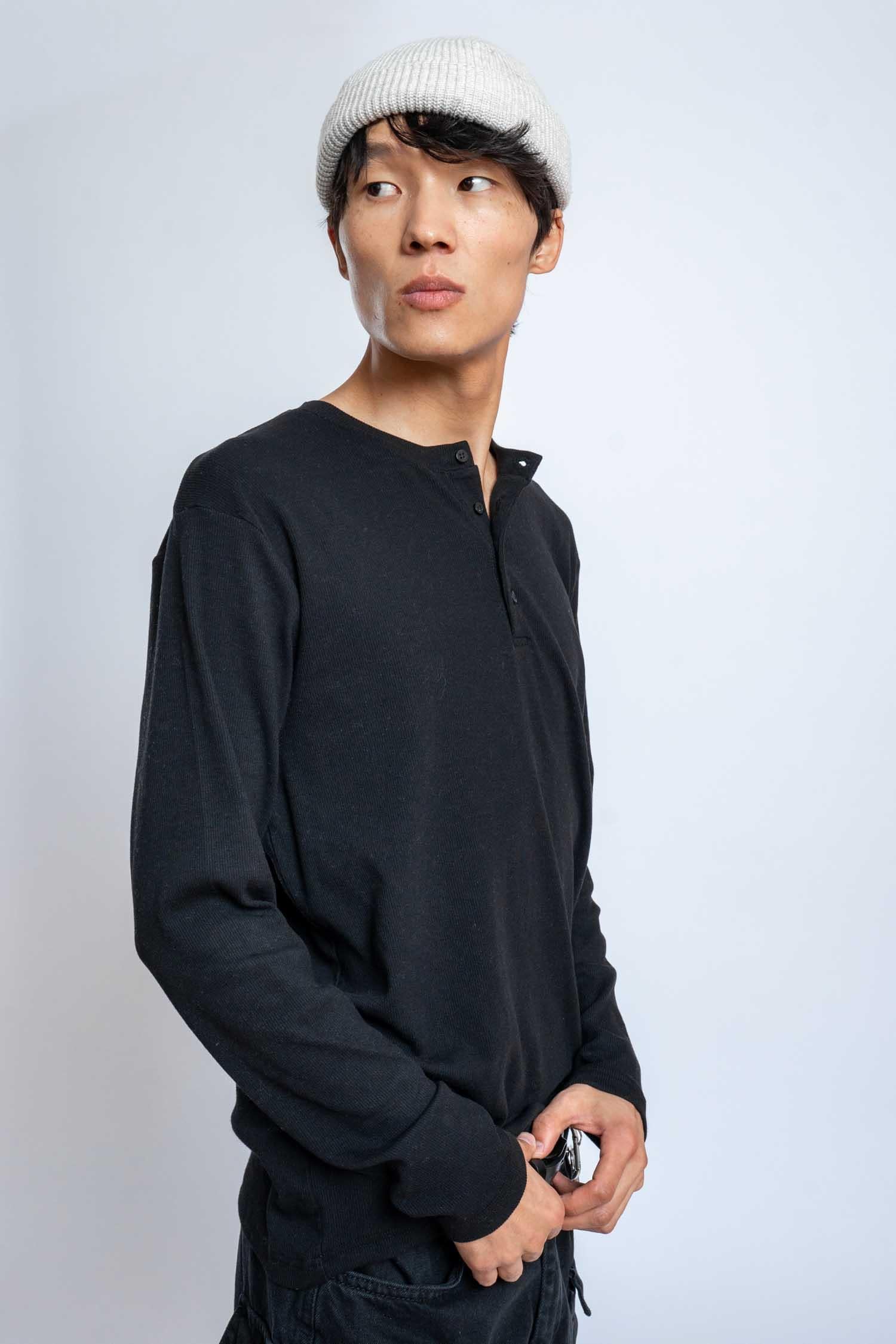 Erkek Oversize Düğmeli Basic Uzun Kollu T-shirt Siyah
