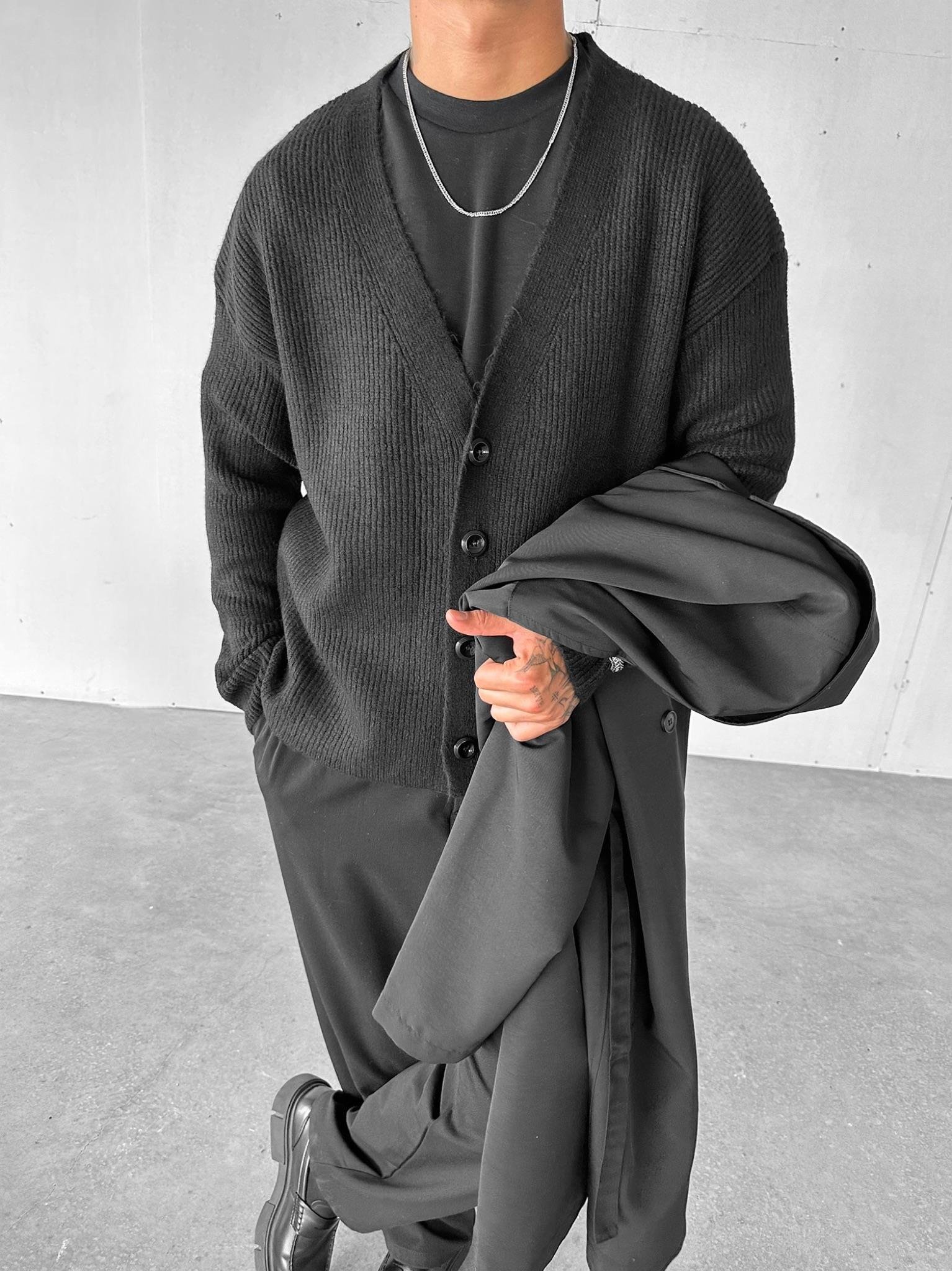 Erkek Oversize Düğmeli Fitilli Rahat Hırka Siyah