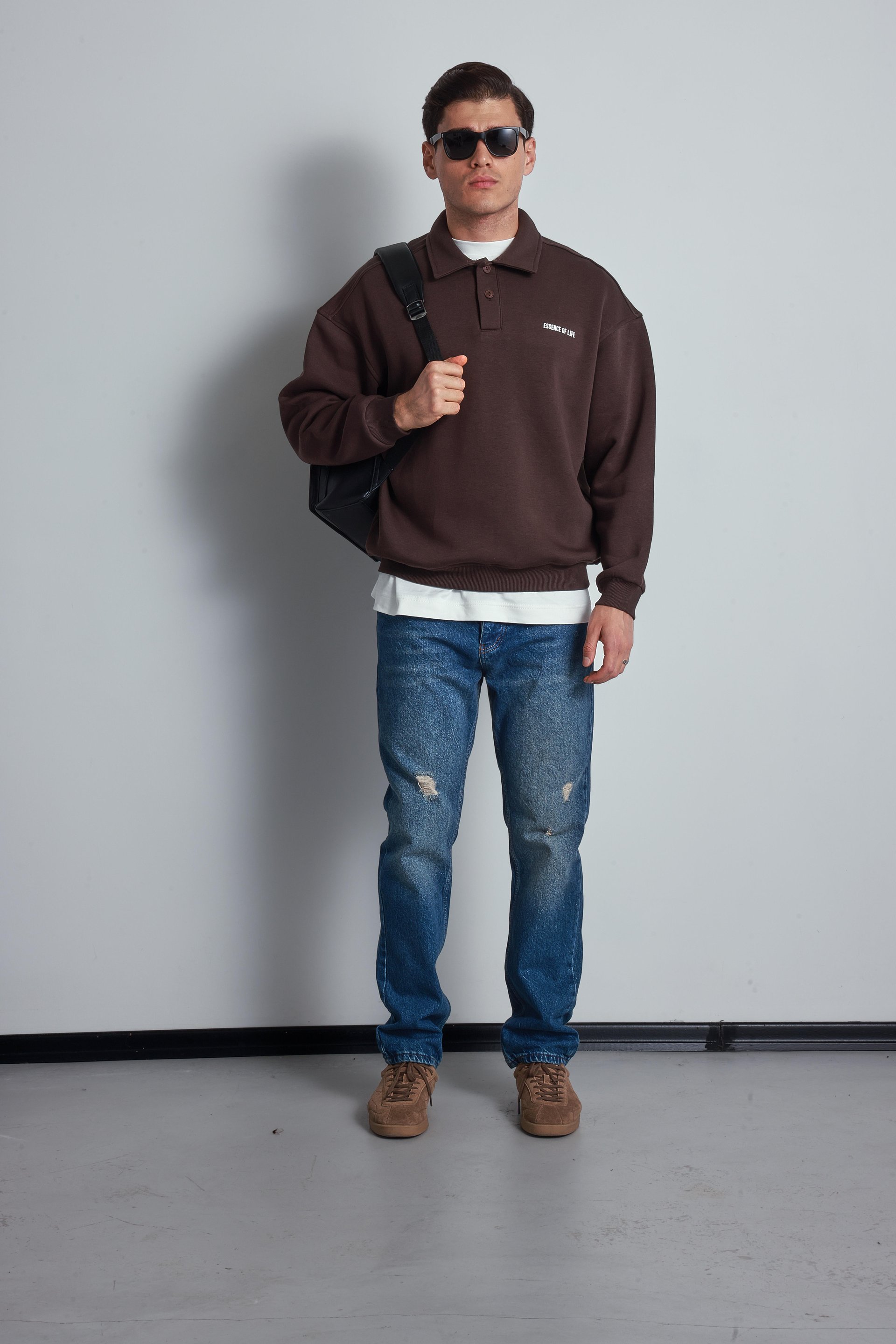 Erkek Oversize Düğmeli Polo Yaka Sweatshirt Kahverengi