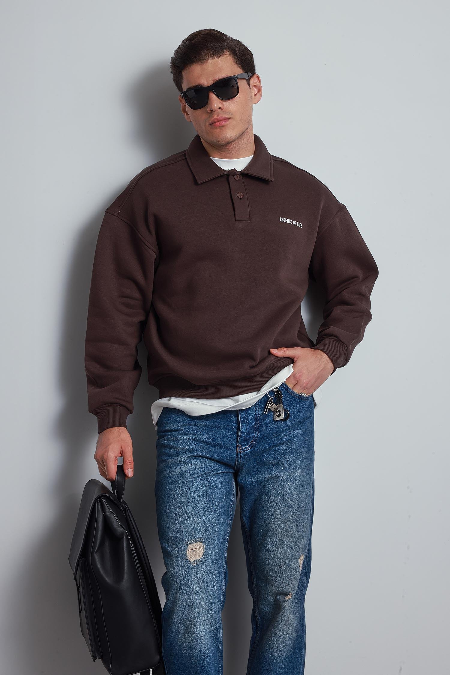 Erkek Oversize Düğmeli Polo Yaka Sweatshirt Kahverengi