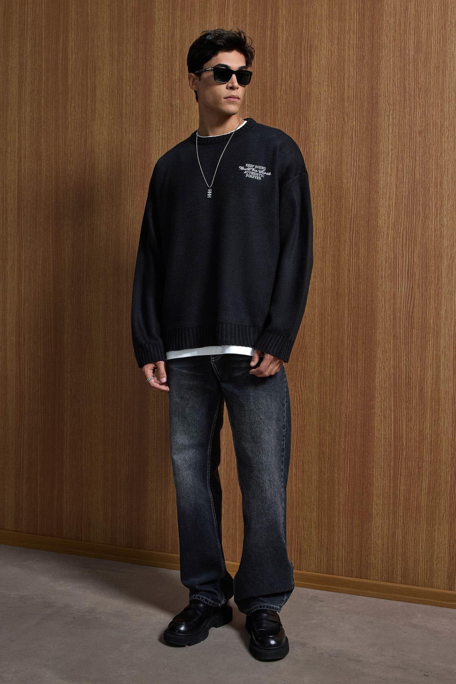 Erkek Oversize Essential Örme Kazak %100 Pamuk Siyah