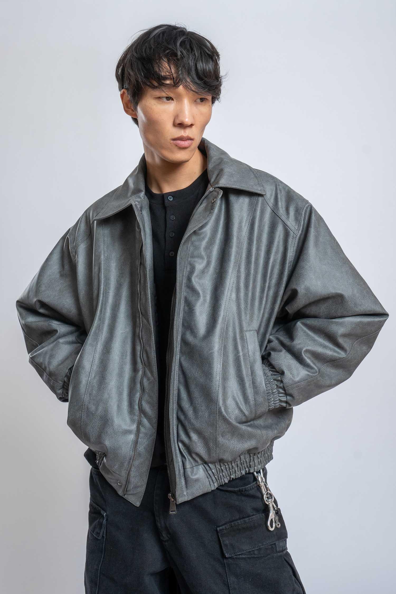 Erkek Oversize Fermuarlı Basic Deri Mont Gri