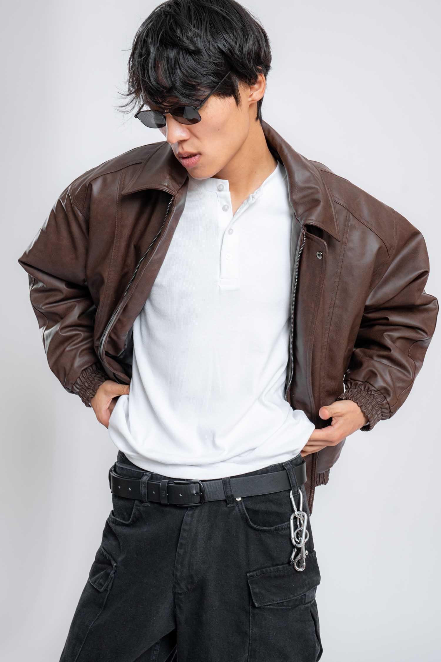 Erkek Oversize Fermuarlı Basic Deri Mont Kahverengi