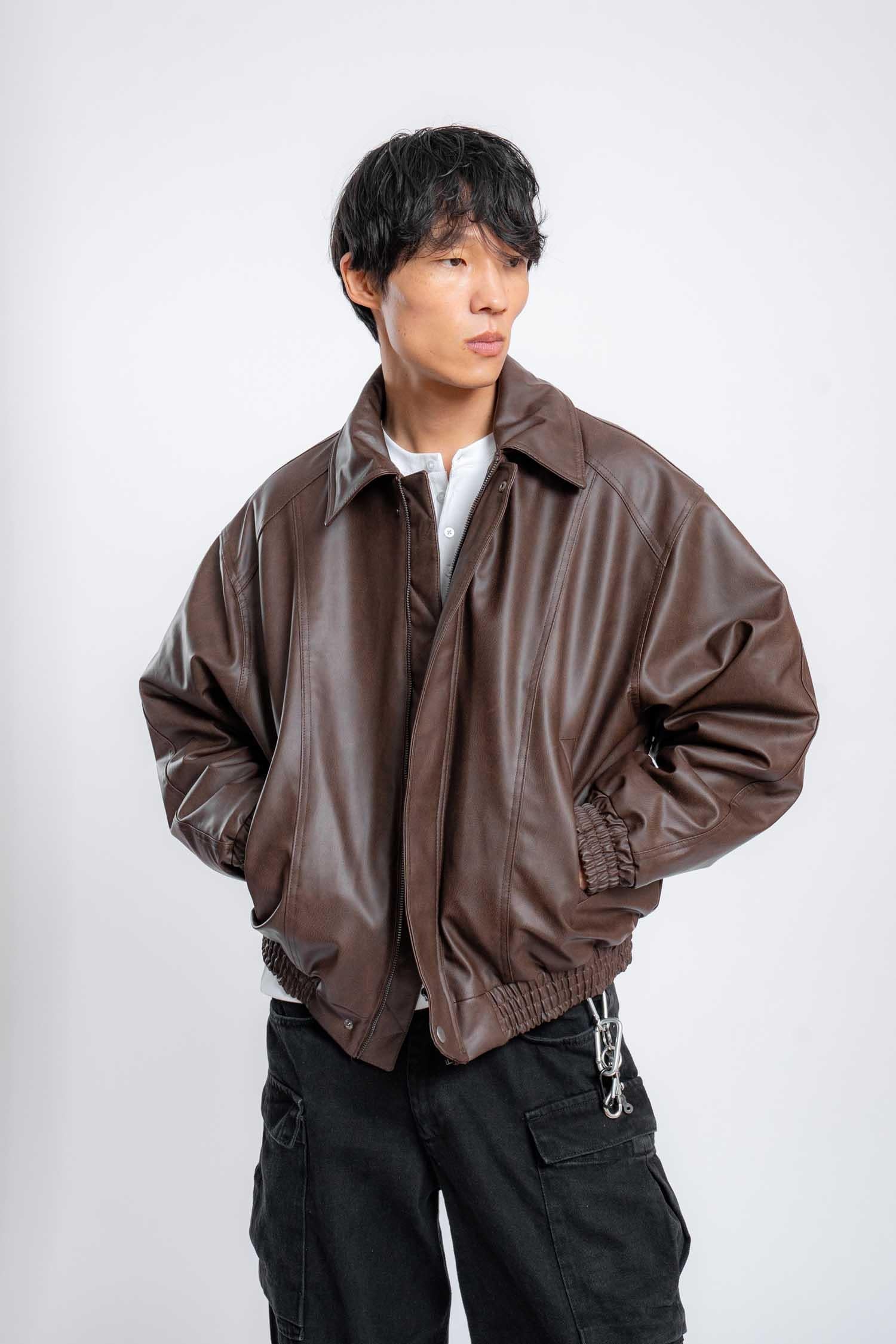 Erkek Oversize Fermuarlı Basic Deri Mont Kahverengi