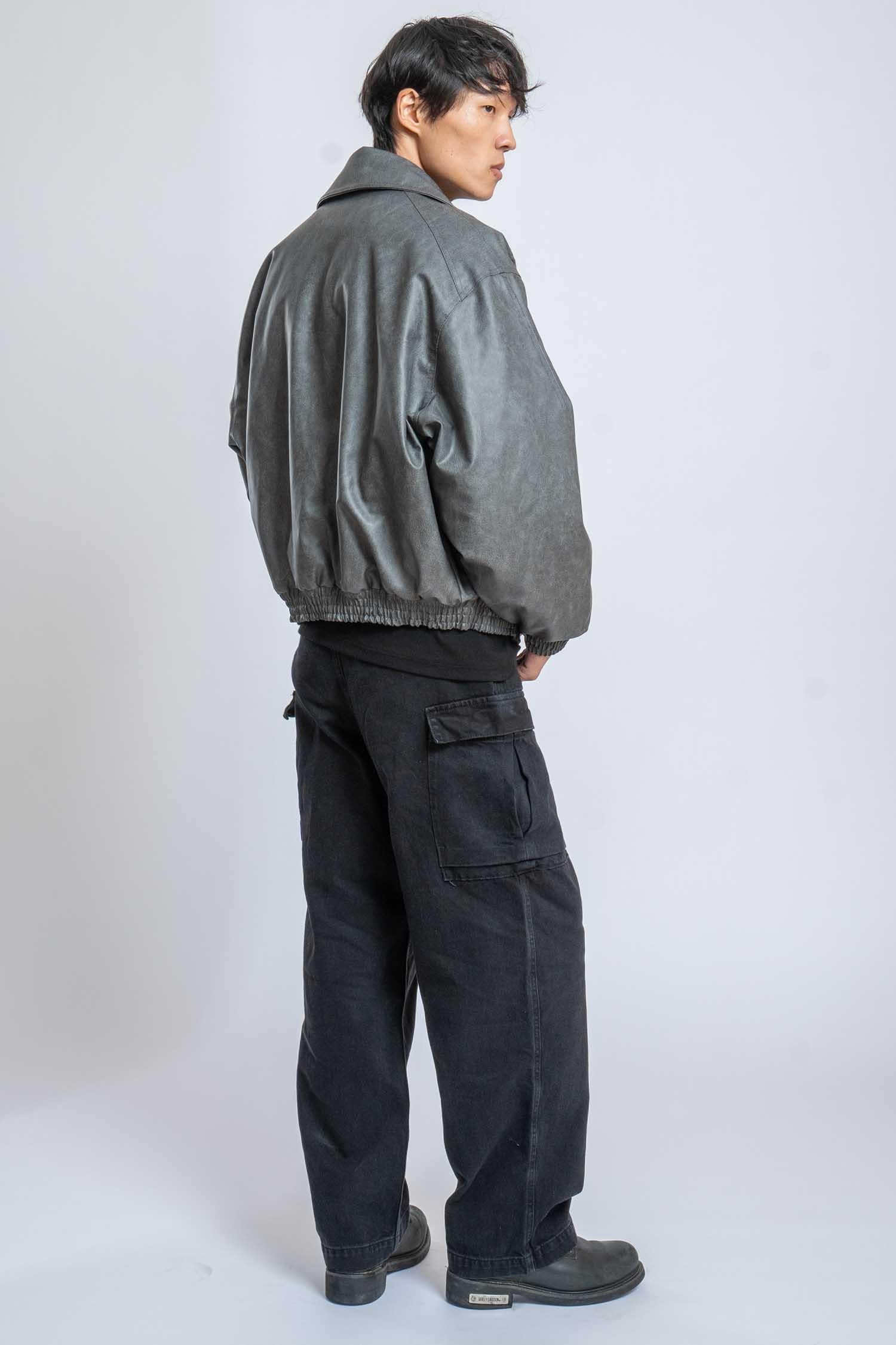 Erkek Oversize Fermuarlı Basic Deri Mont Gri